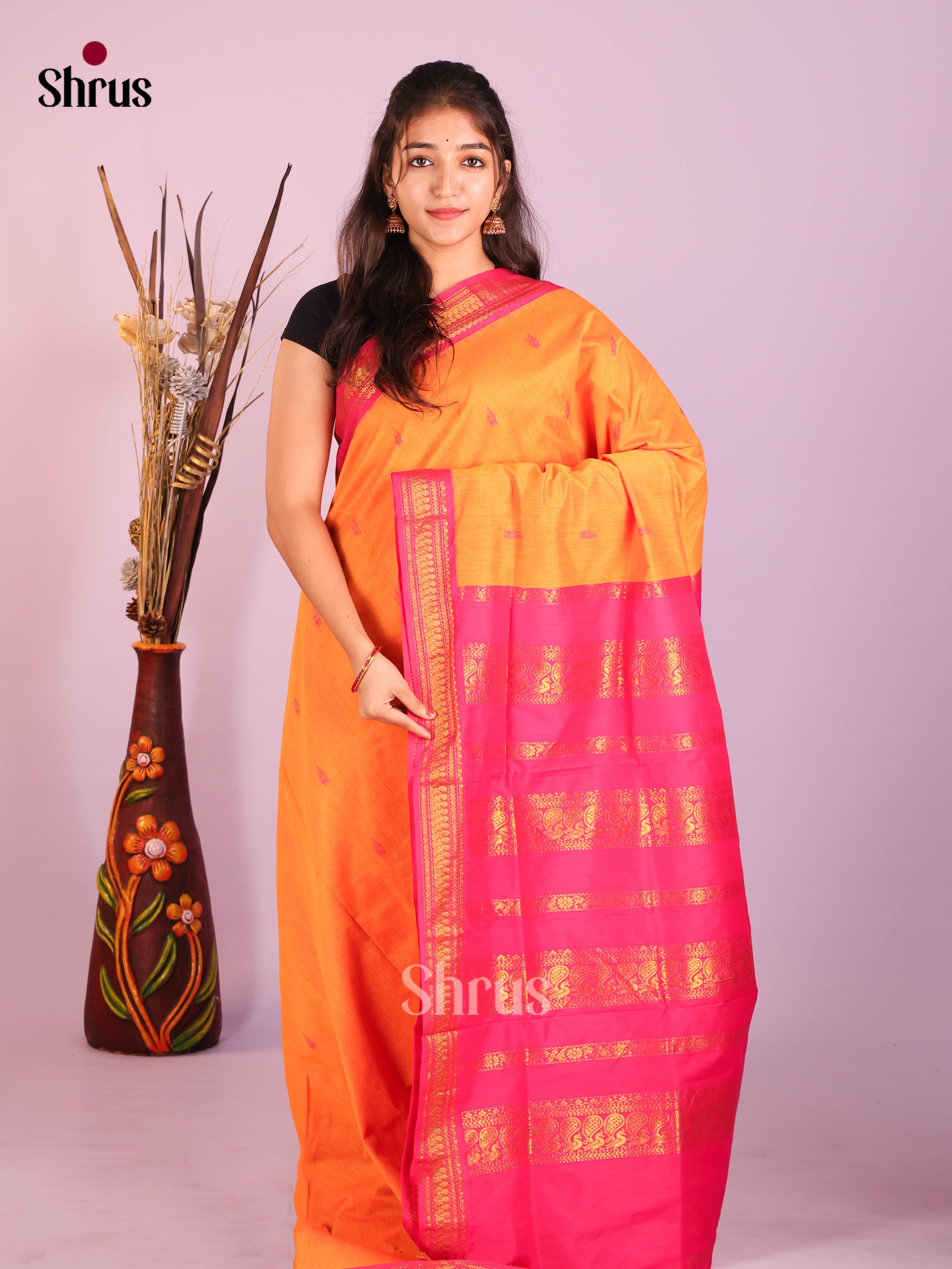 Mango Yellow & Pink- Kalyani Cotton Saree - Shop on Shrus.com