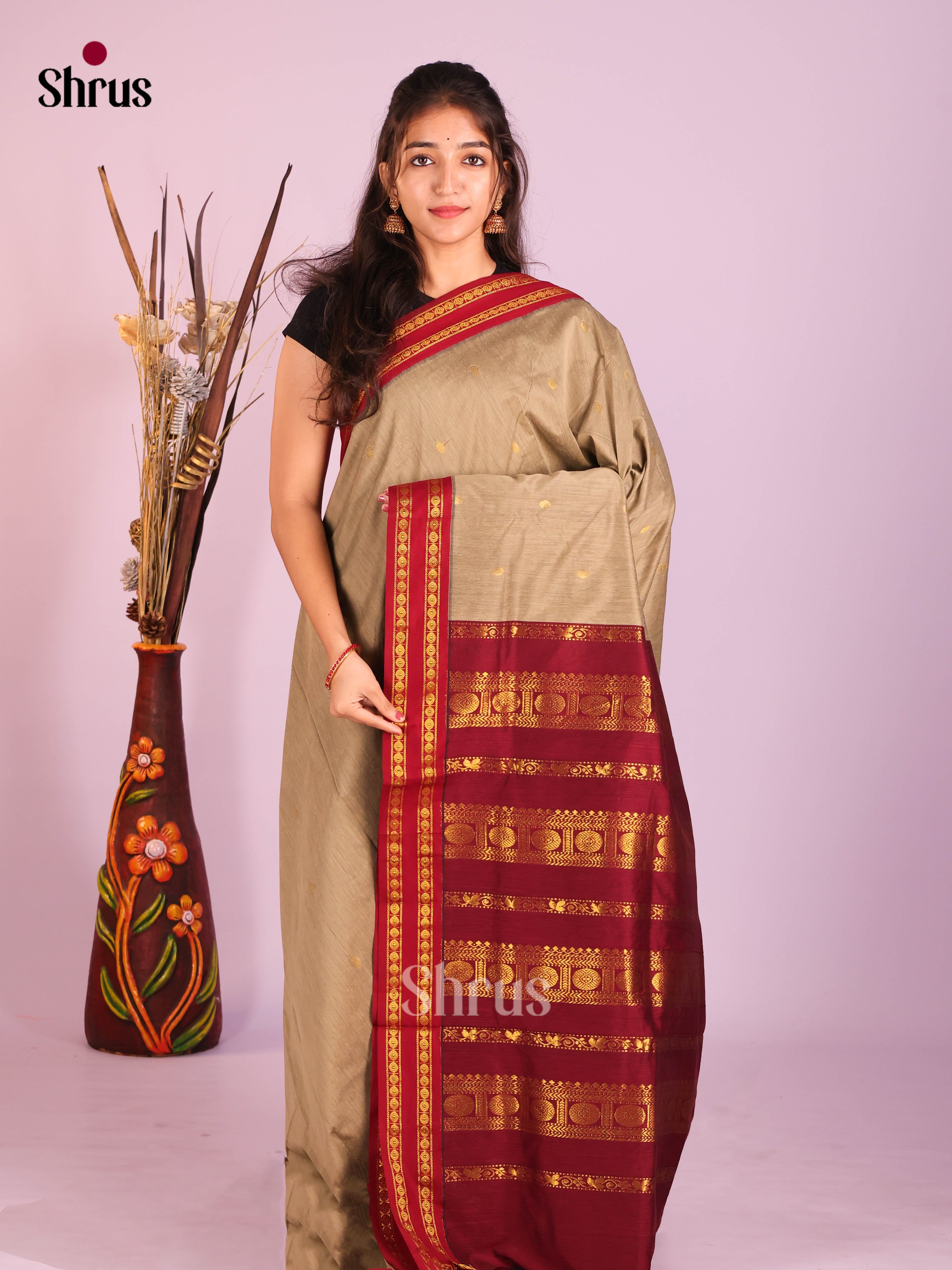 Grey & maroon - Kalyani Cotton Saree