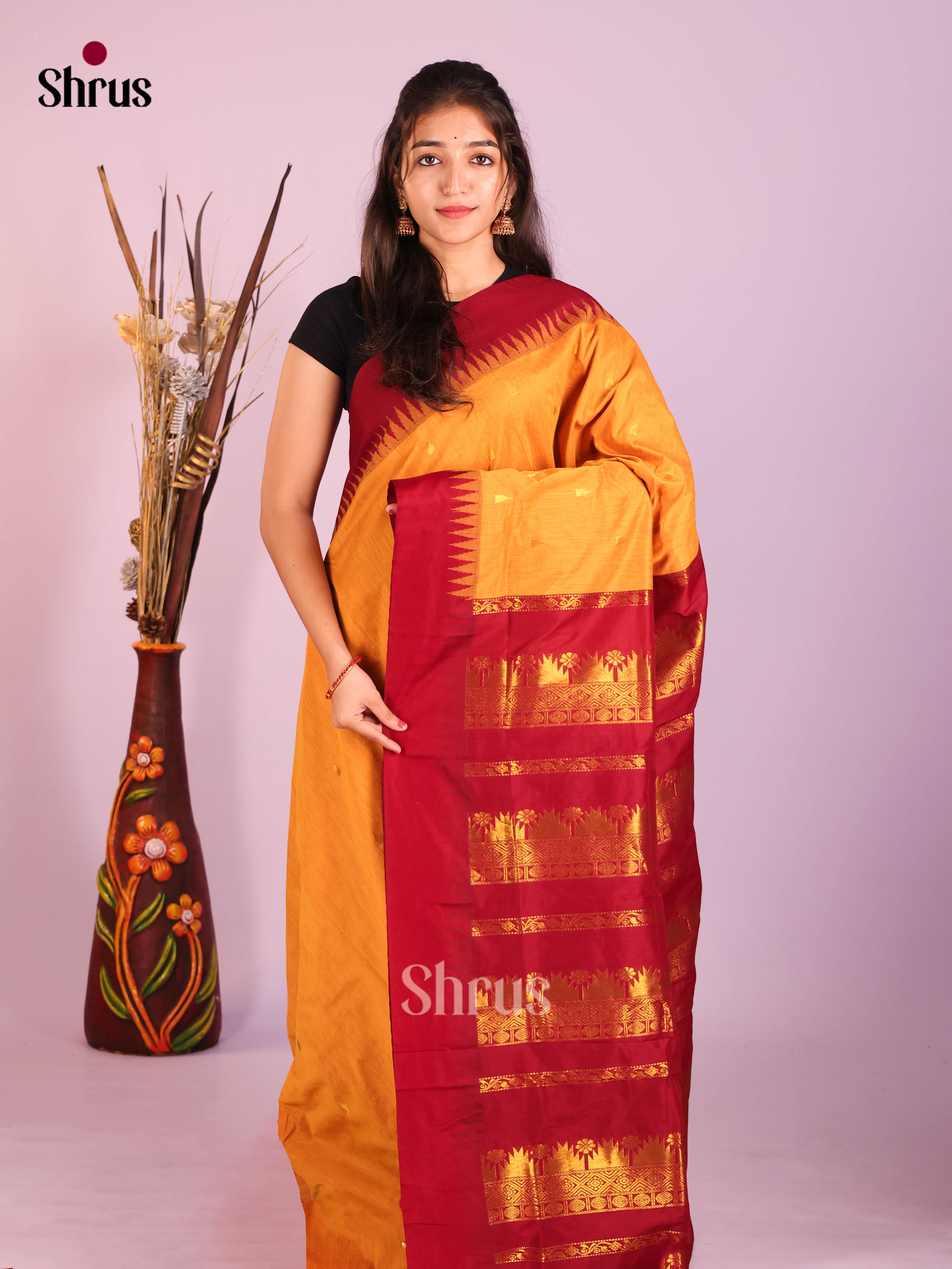 Mango Yellow & Maroon - Kalyani Cotton Saree - Shop on Shrus.com