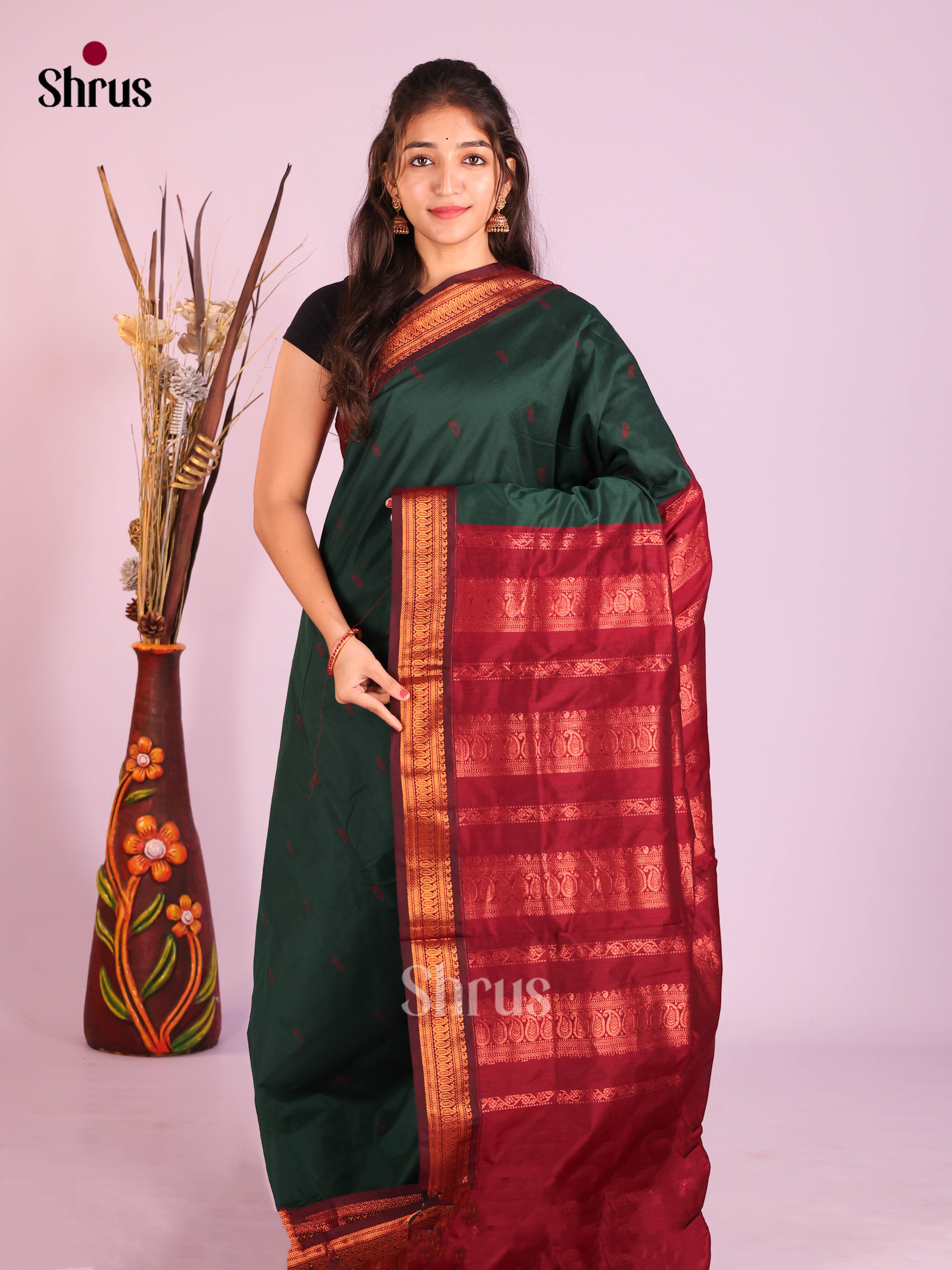 Green & Maroon- Kalyani Cotton Saree - Shop on Shrus.com