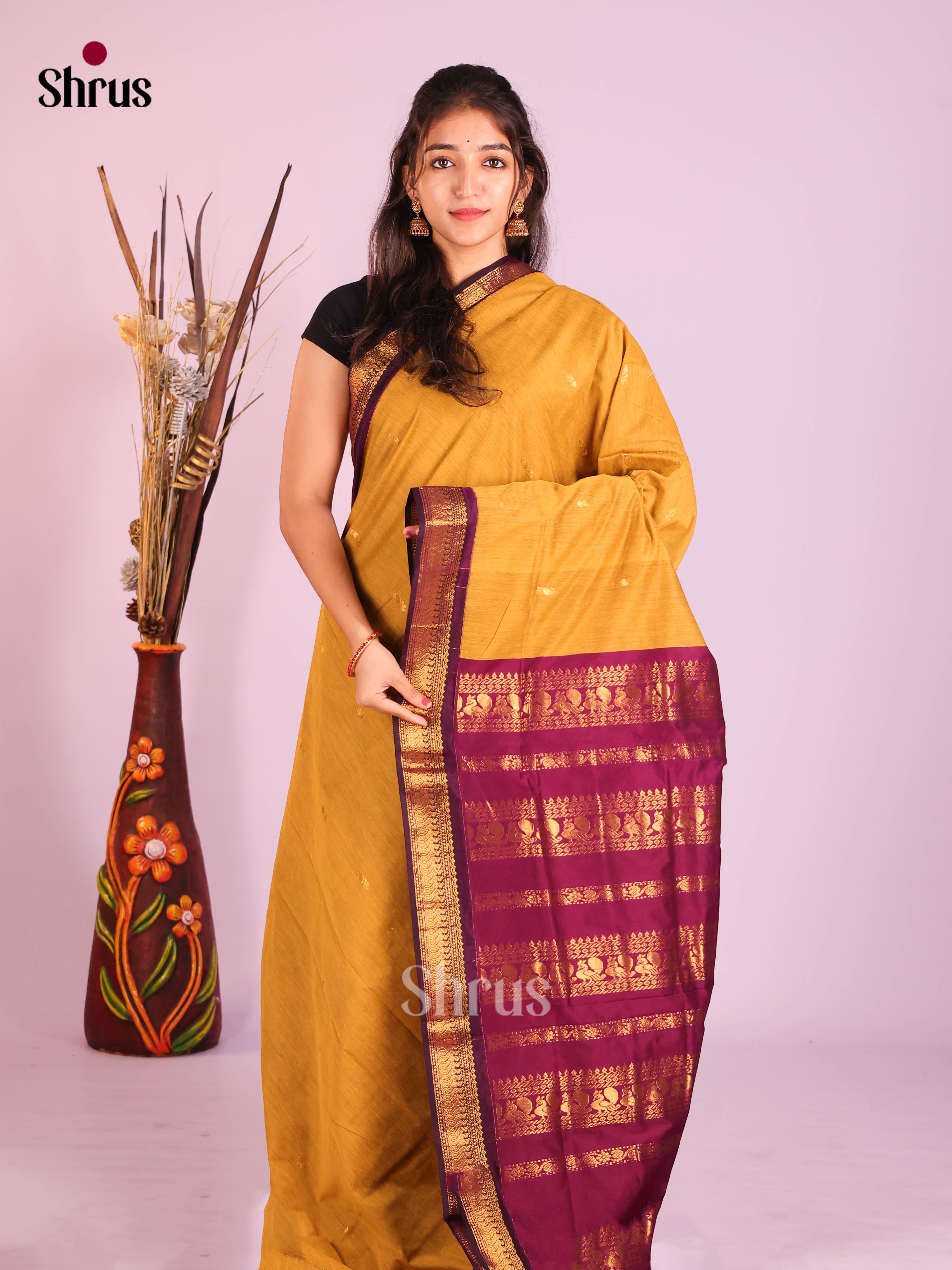 Mustard & Maroon - Kalyani Cotton Saree - Shop on Shrus.com