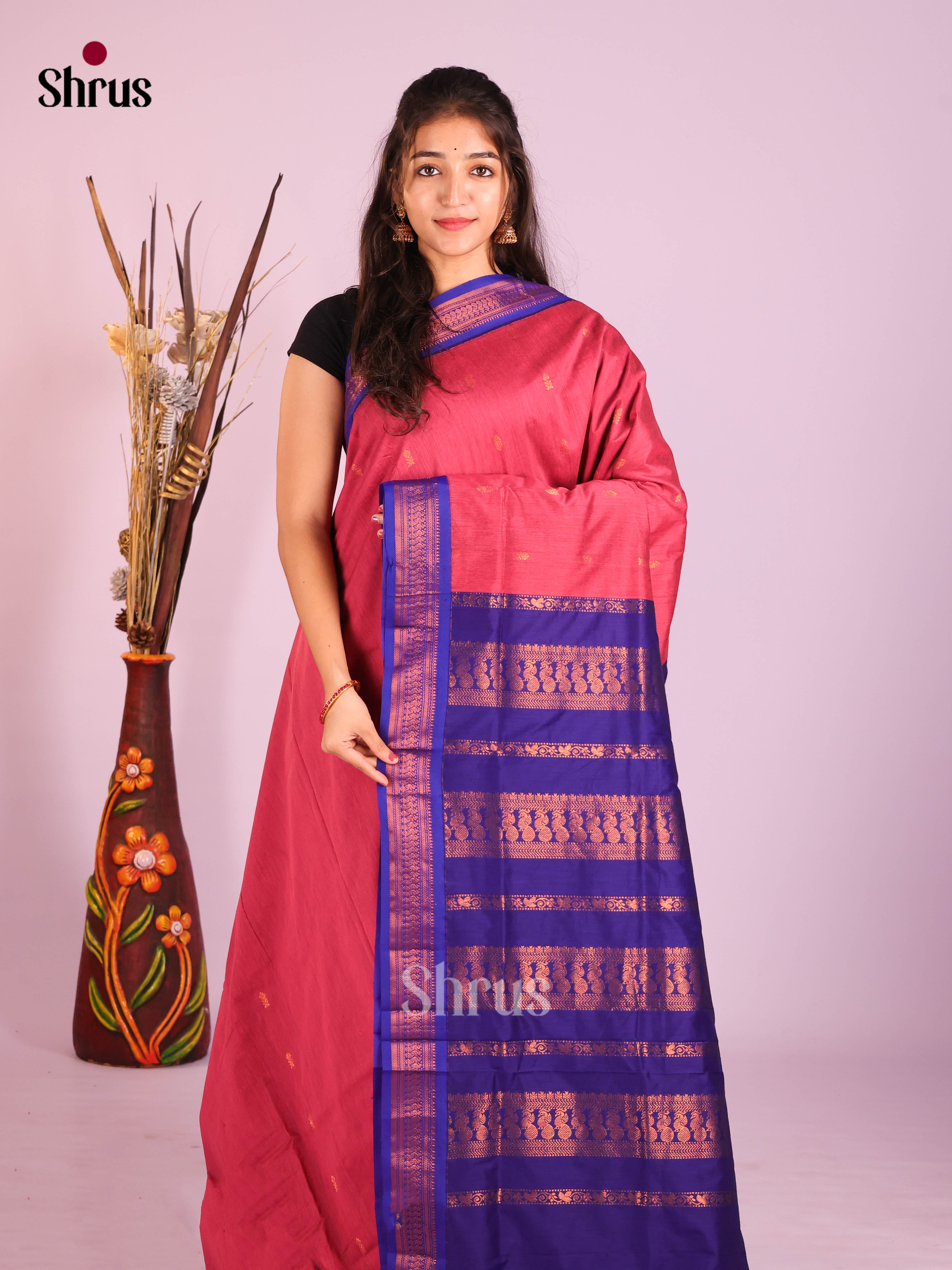 Reddish Pink & Blue - Kalyani Cotton Saree