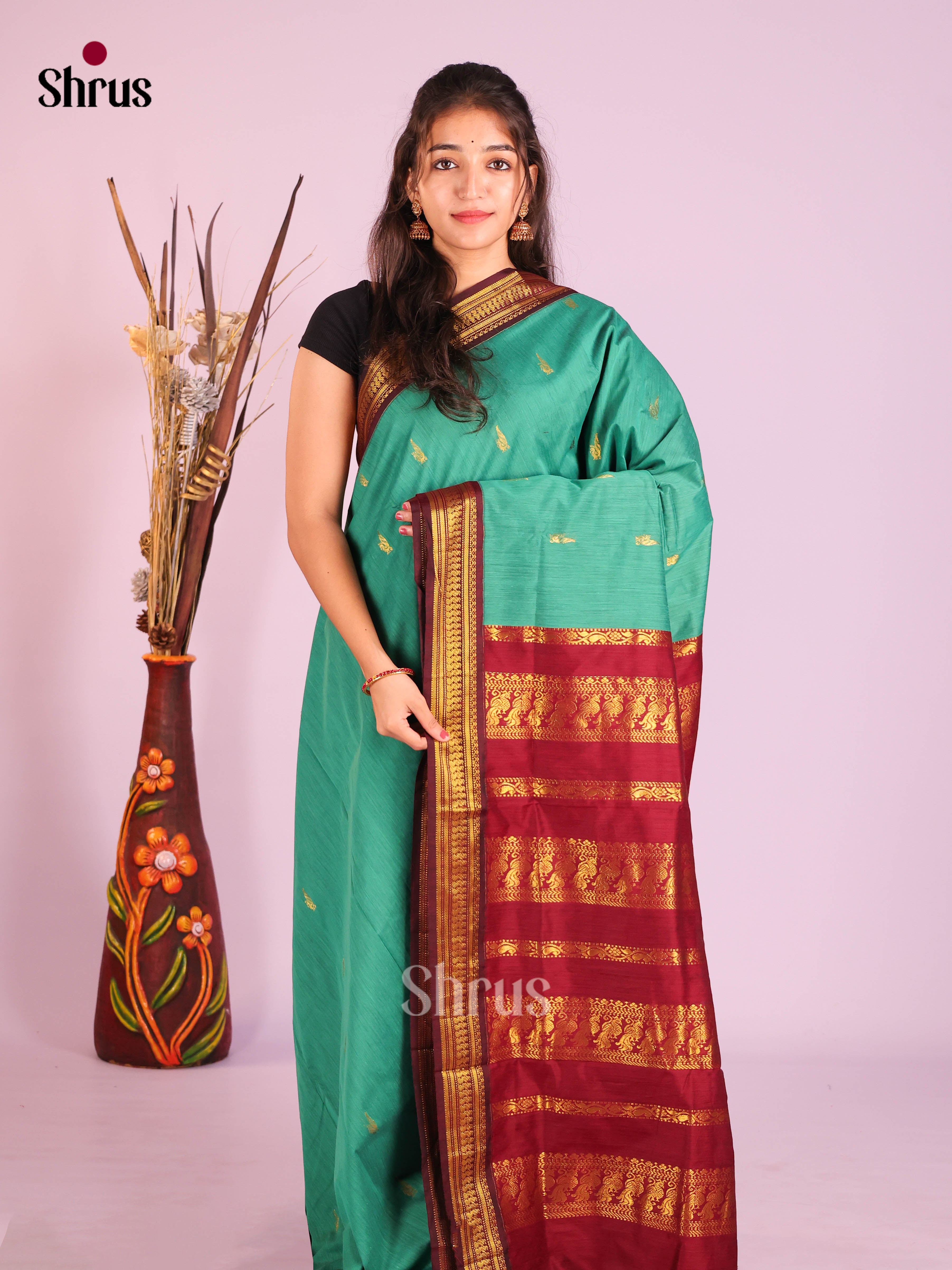 Green & Maroon - Kalyani Cotton Saree - Shop on Shrus.com