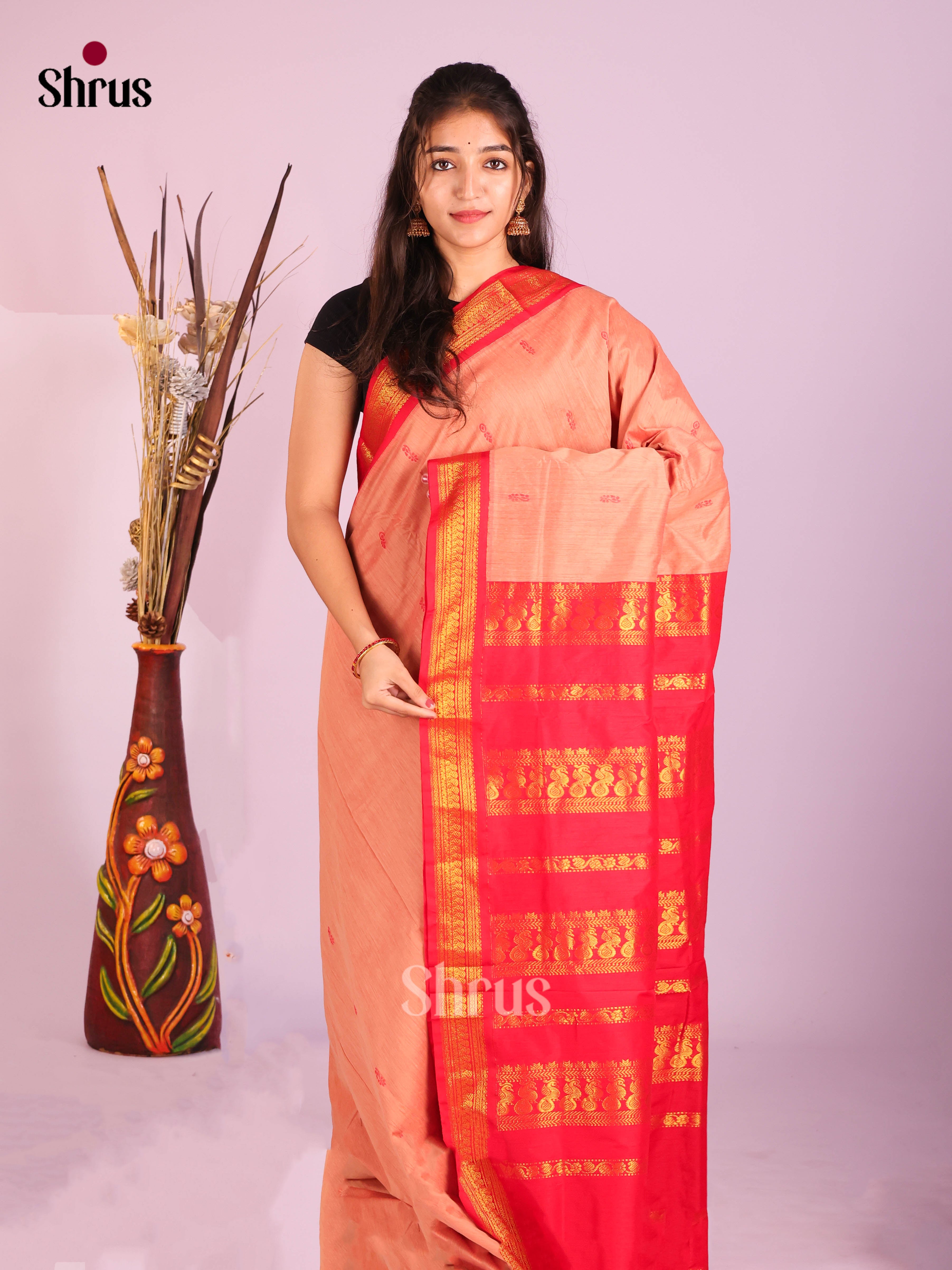 Peach & Red - Kalyani Cotton Saree - Shop on Shrus.com