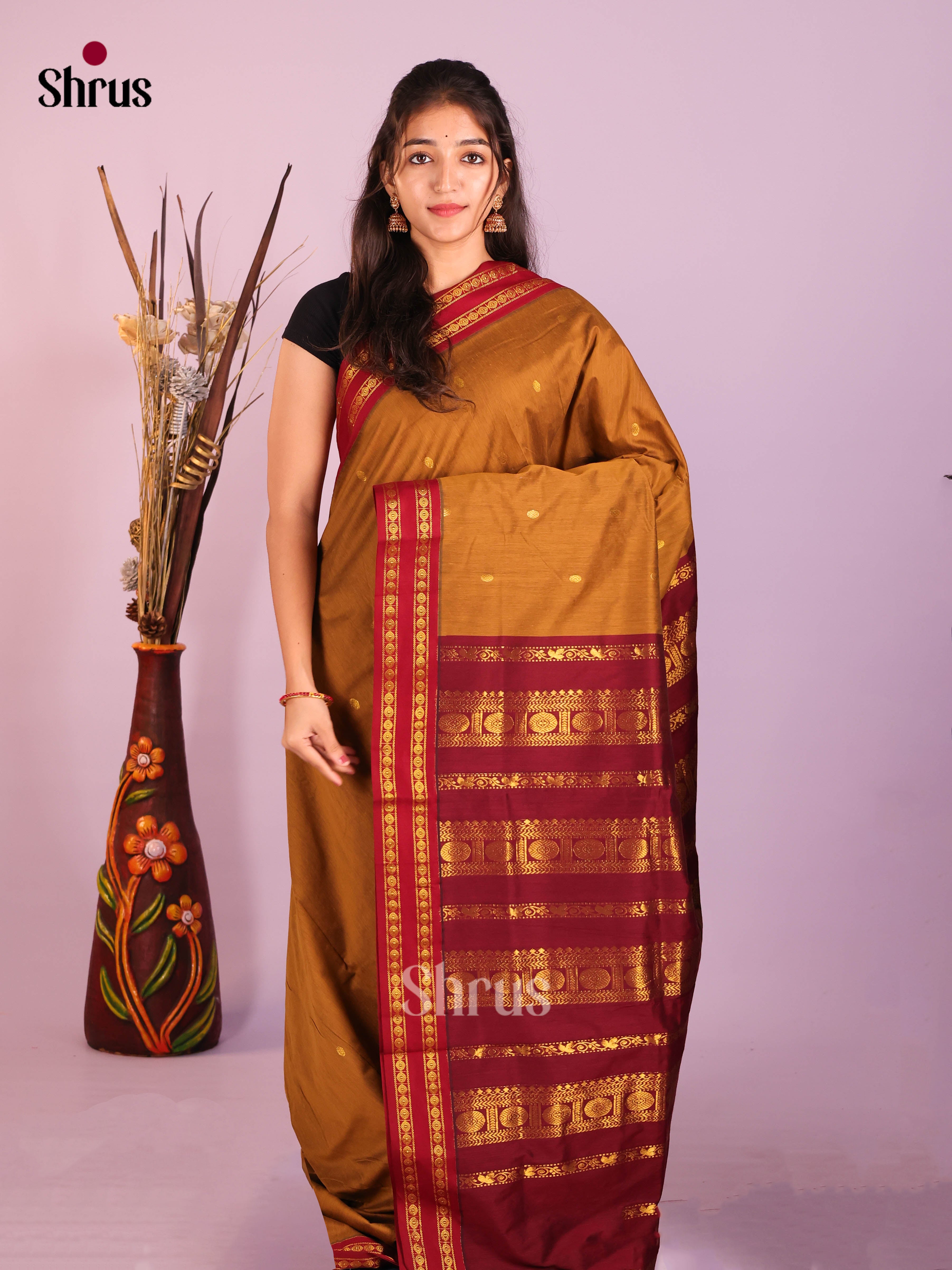 Mustard & Maroon - Kalyani Cotton Saree - Shop on Shrus.com