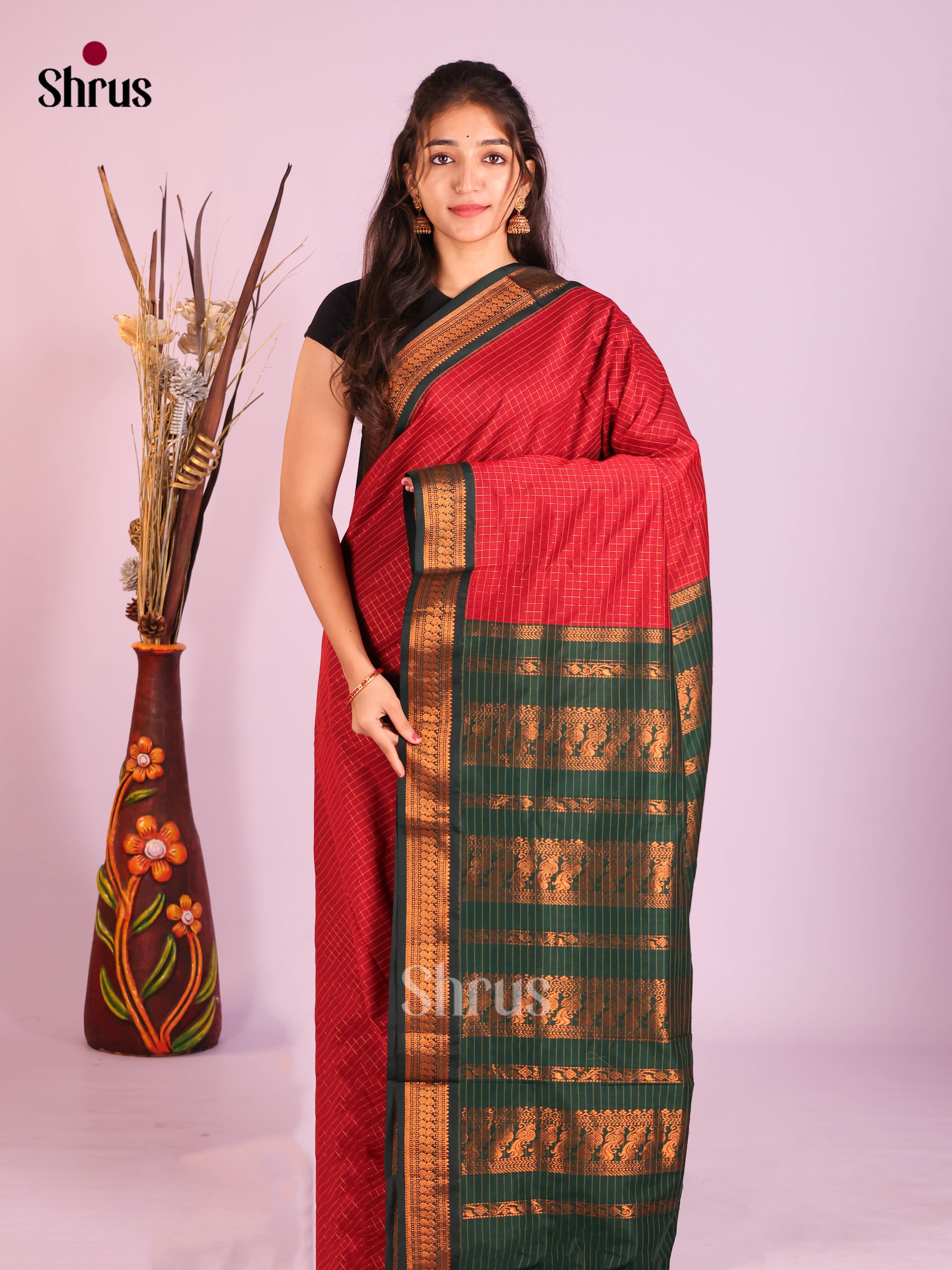 Red & Green - Kalyani Cotton Saree - Shop on Shrus.com
