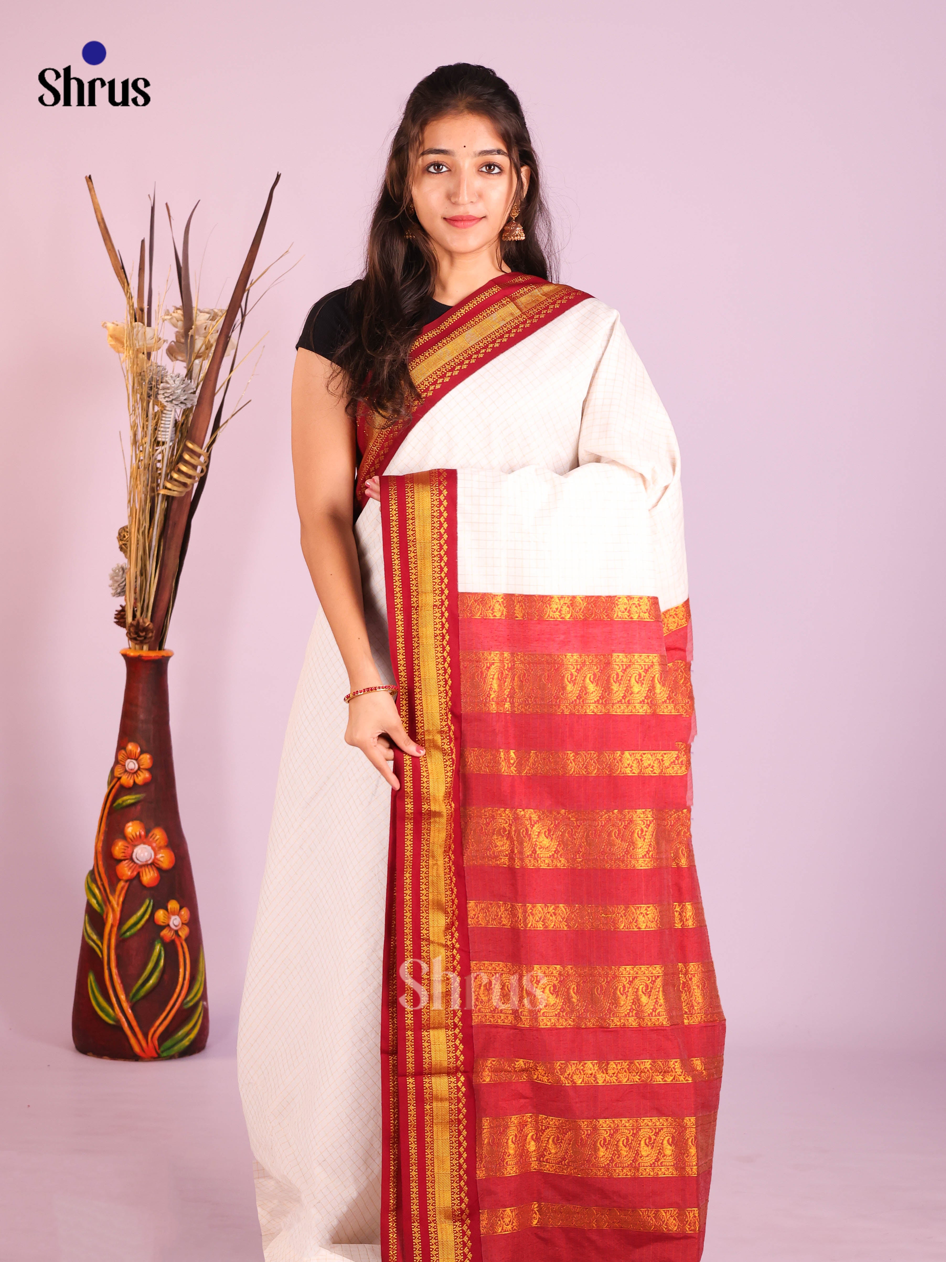 Cream & Red - Kalyani Cotton Saree