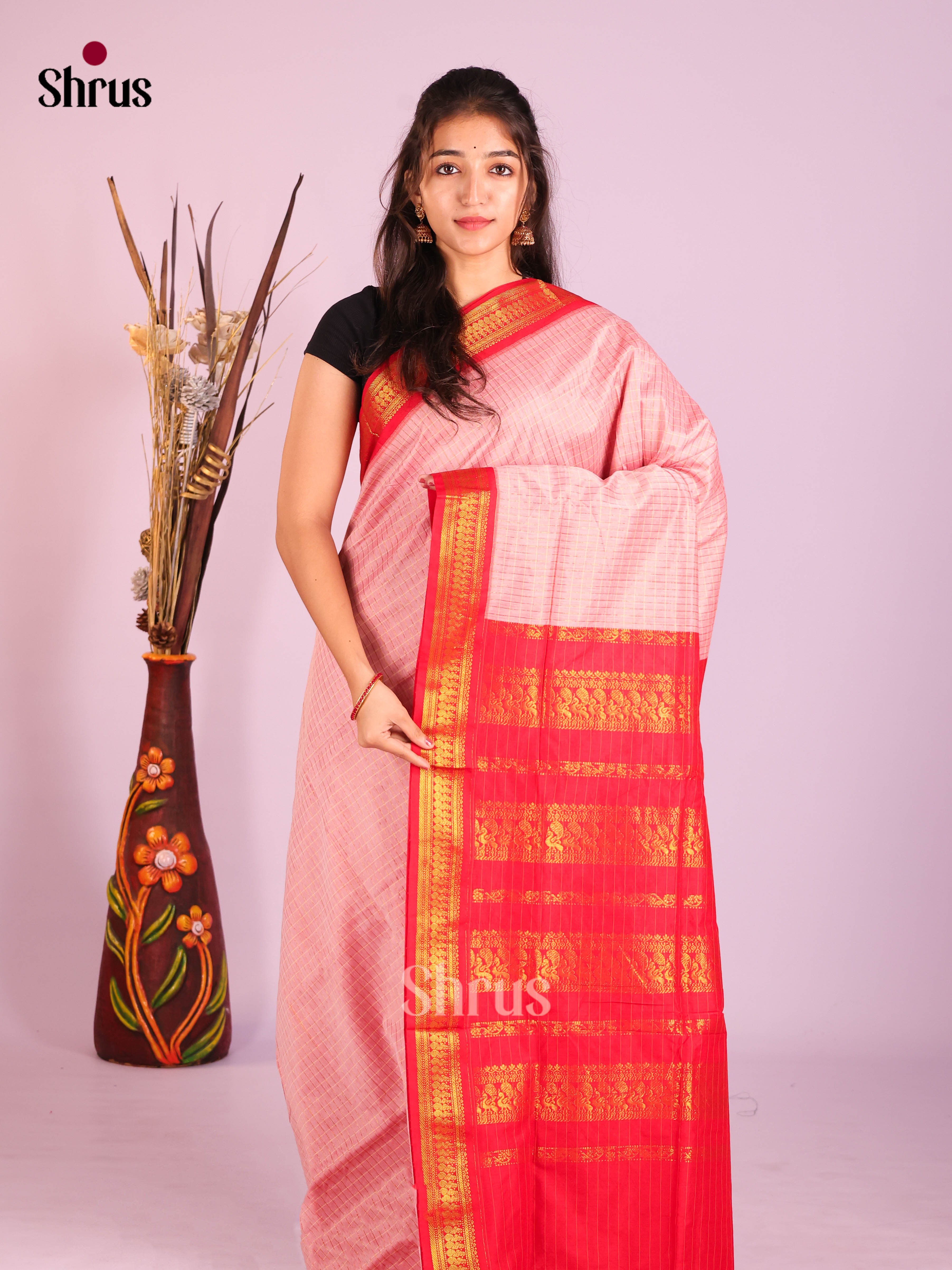 Pink & Red- Kalyani Cotton Saree - Shop on Shrus.com