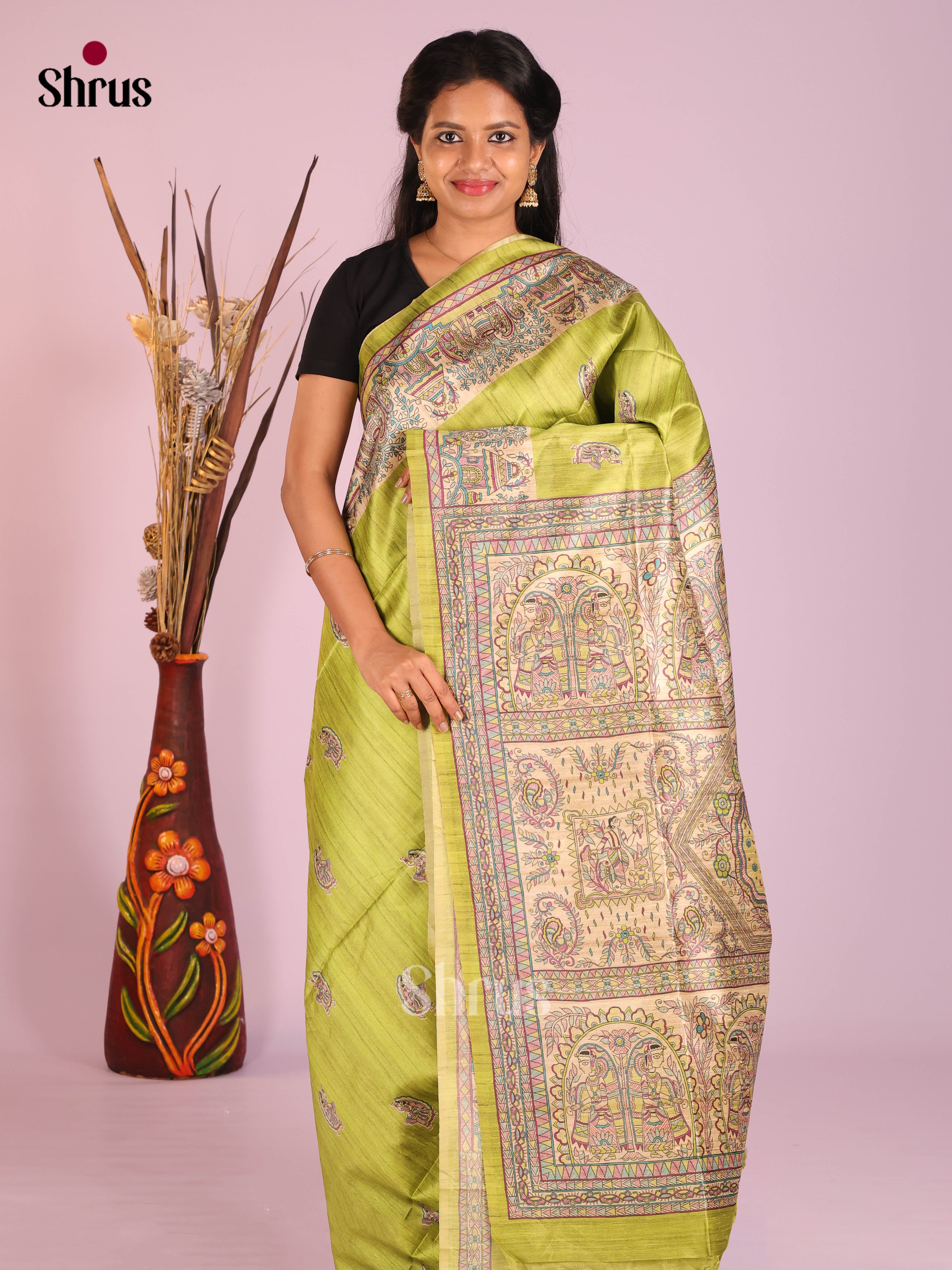 Green & Cream - Printed Madhubani Saree