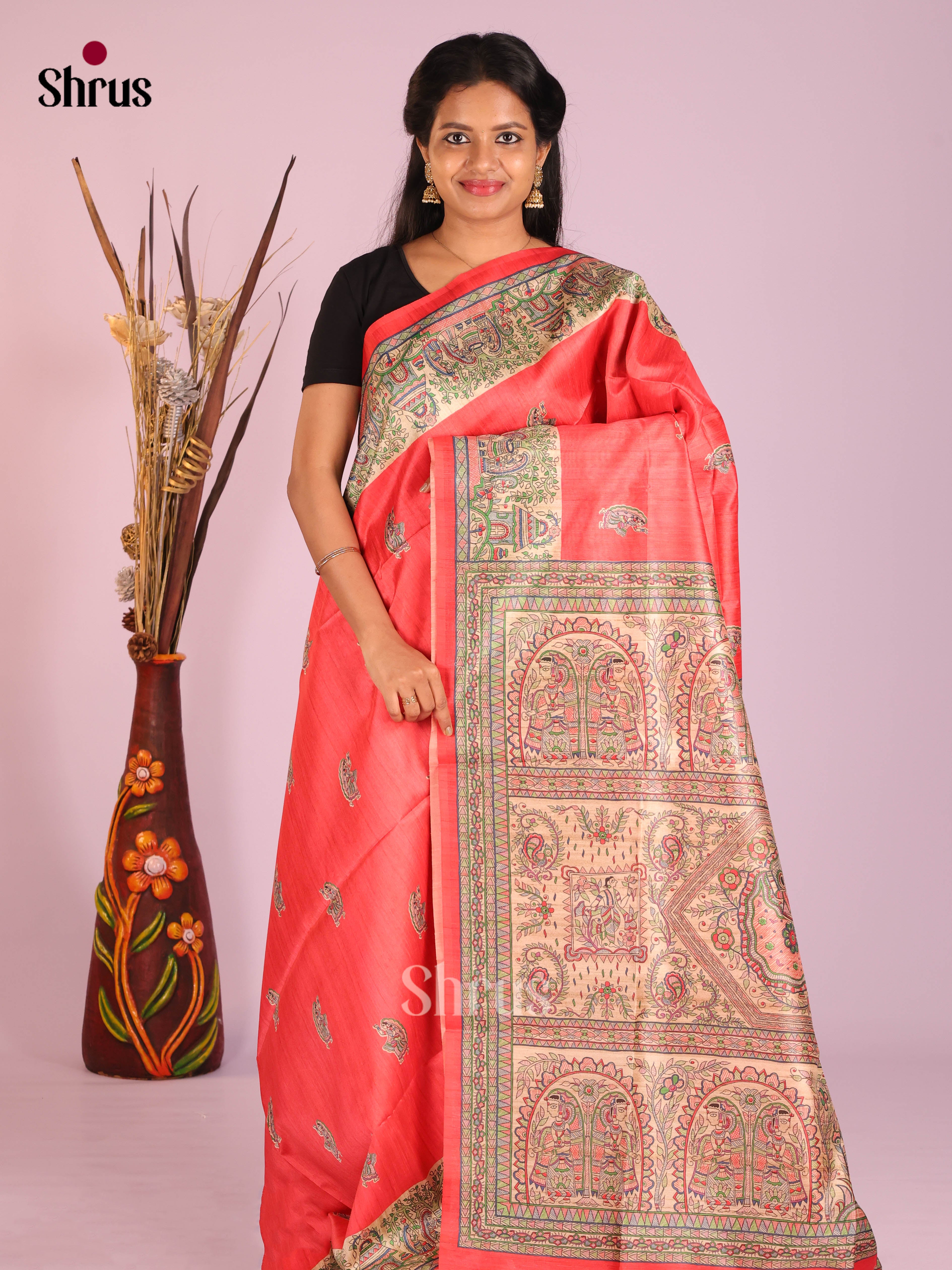 Red & Cream - Printed Madhubani Saree