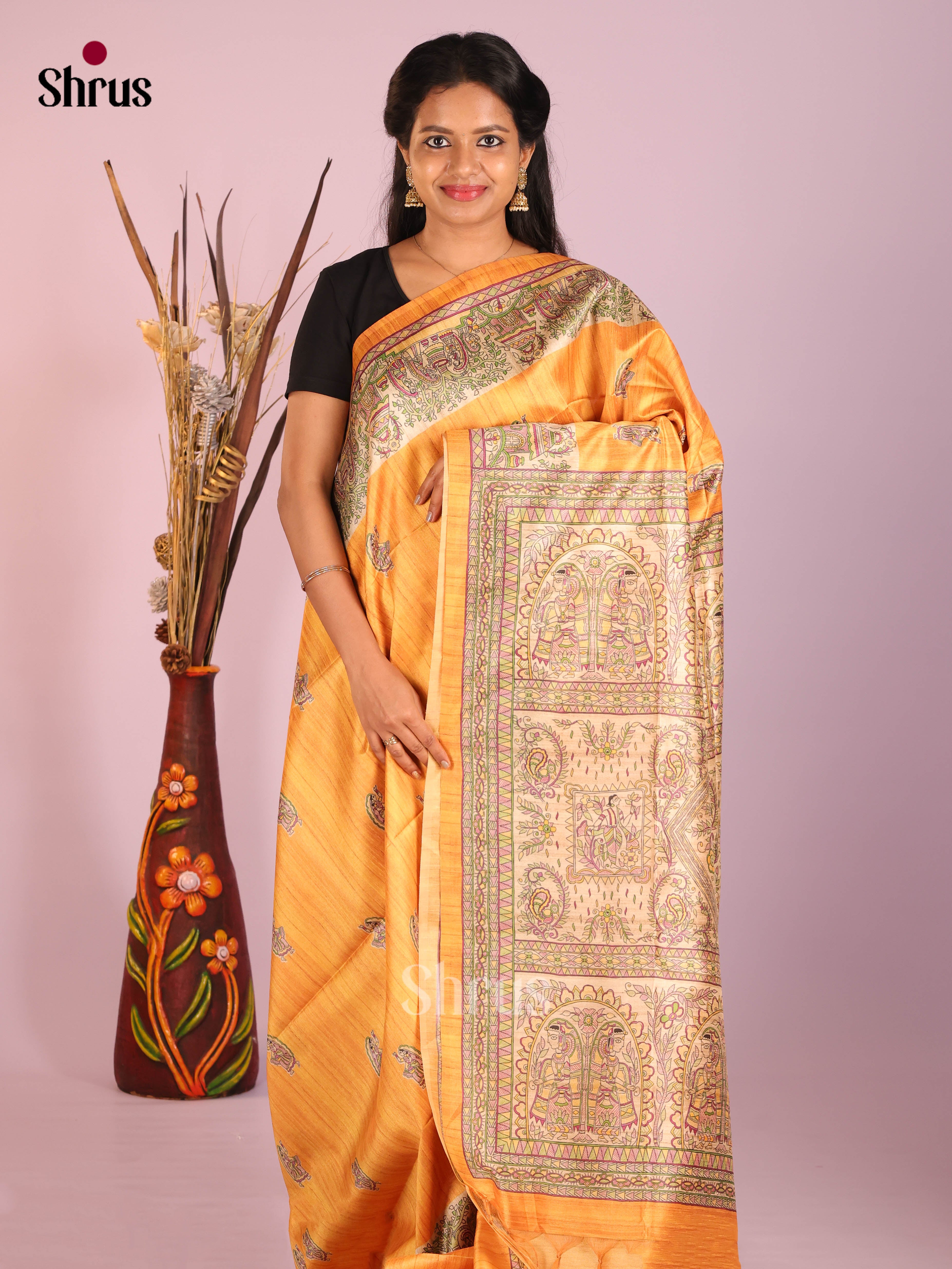 Mustard & Cream - Printed Madhubani Saree