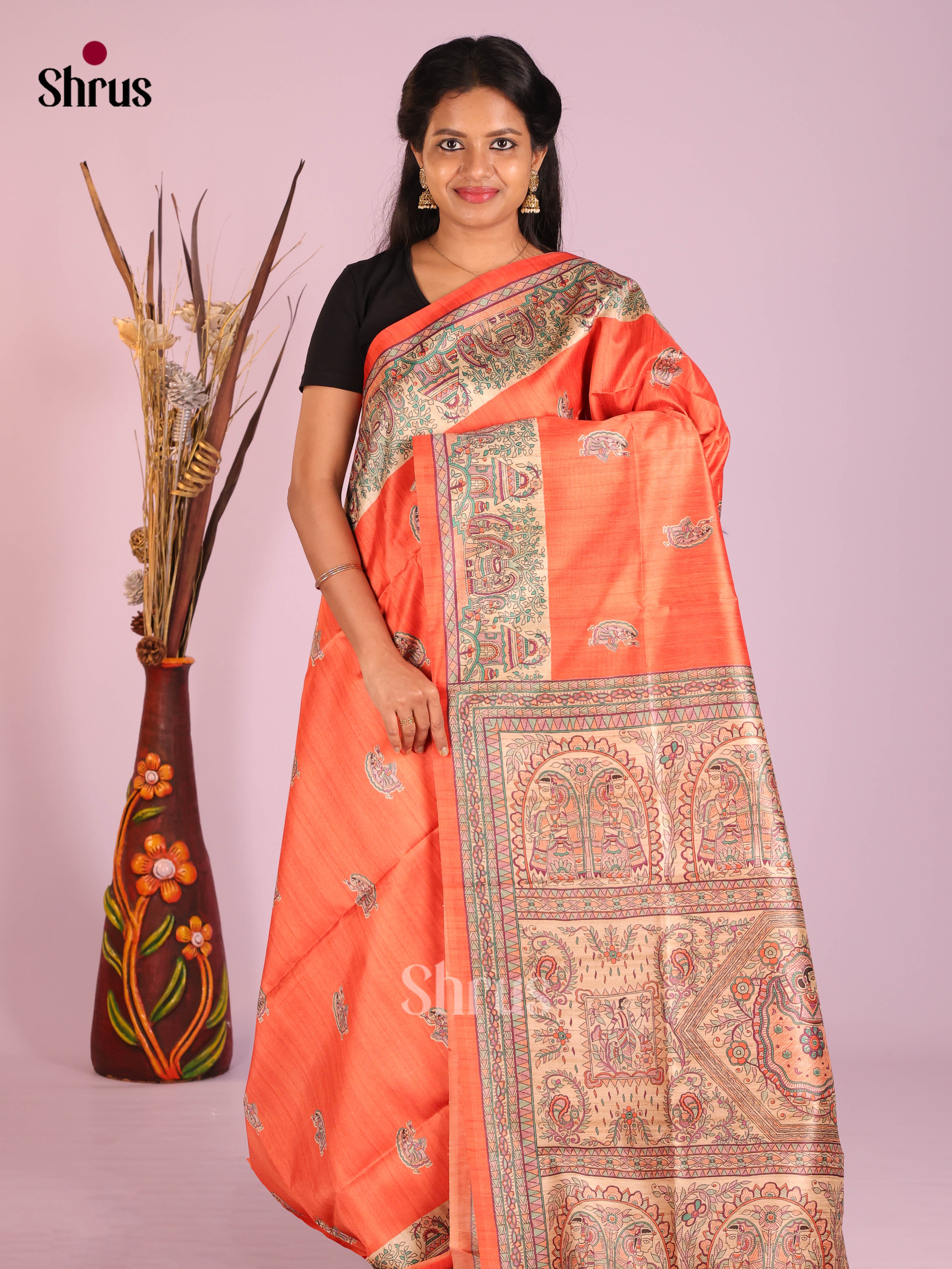 Orange & Cream- Printed Madhubani Saree