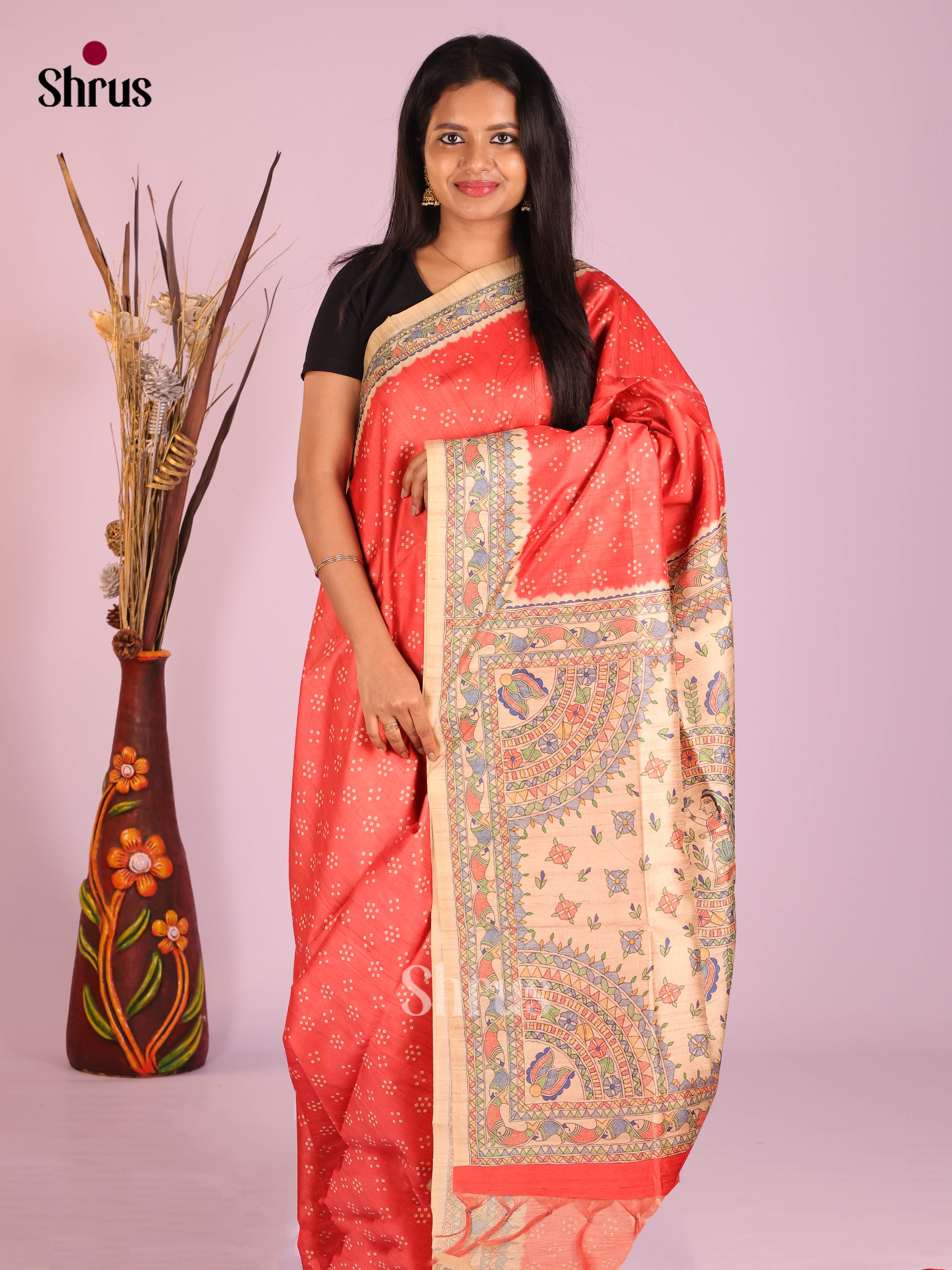 Red & Cream- Printed Madhubani Saree
