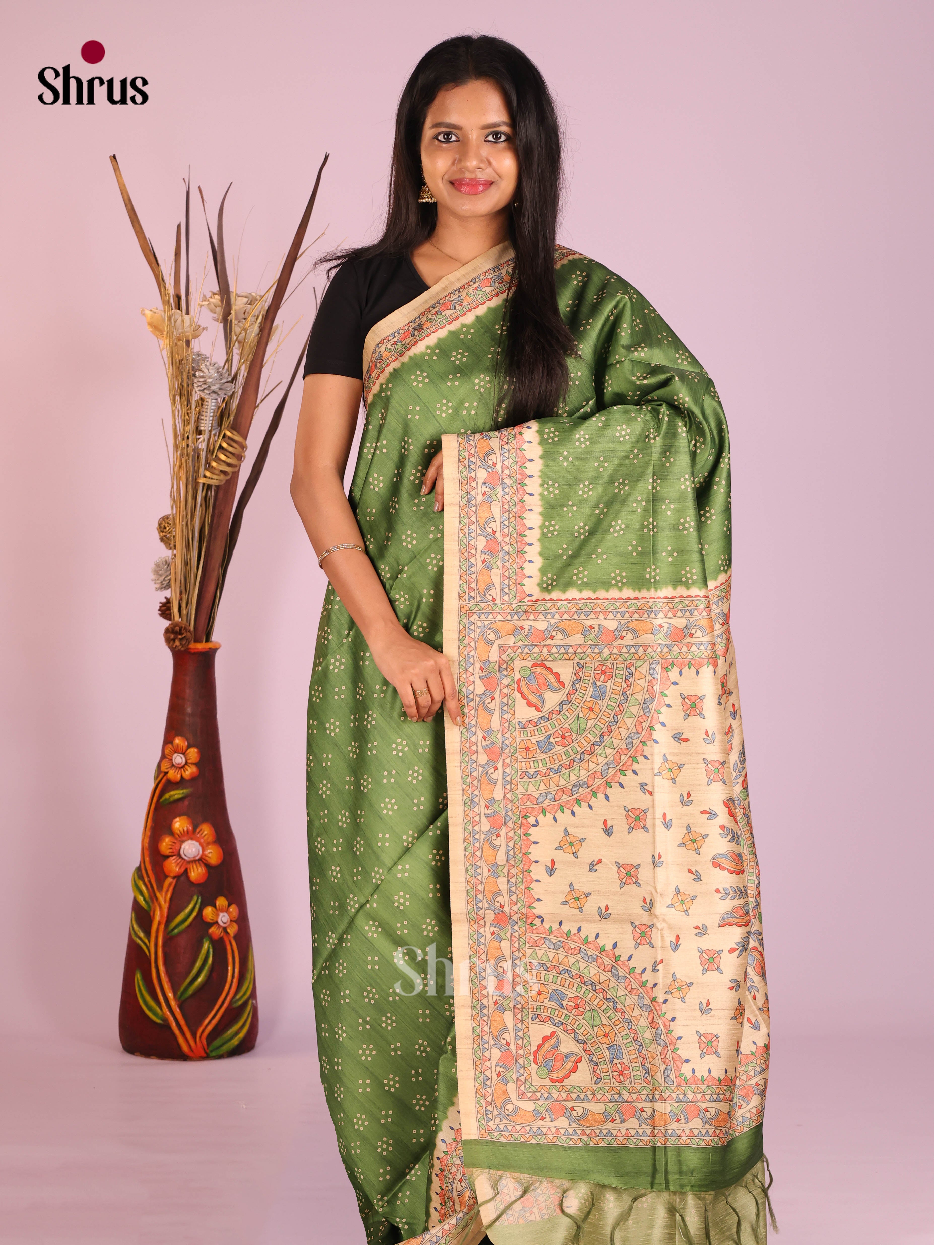 Green & Cream - Printed Madhubani Saree