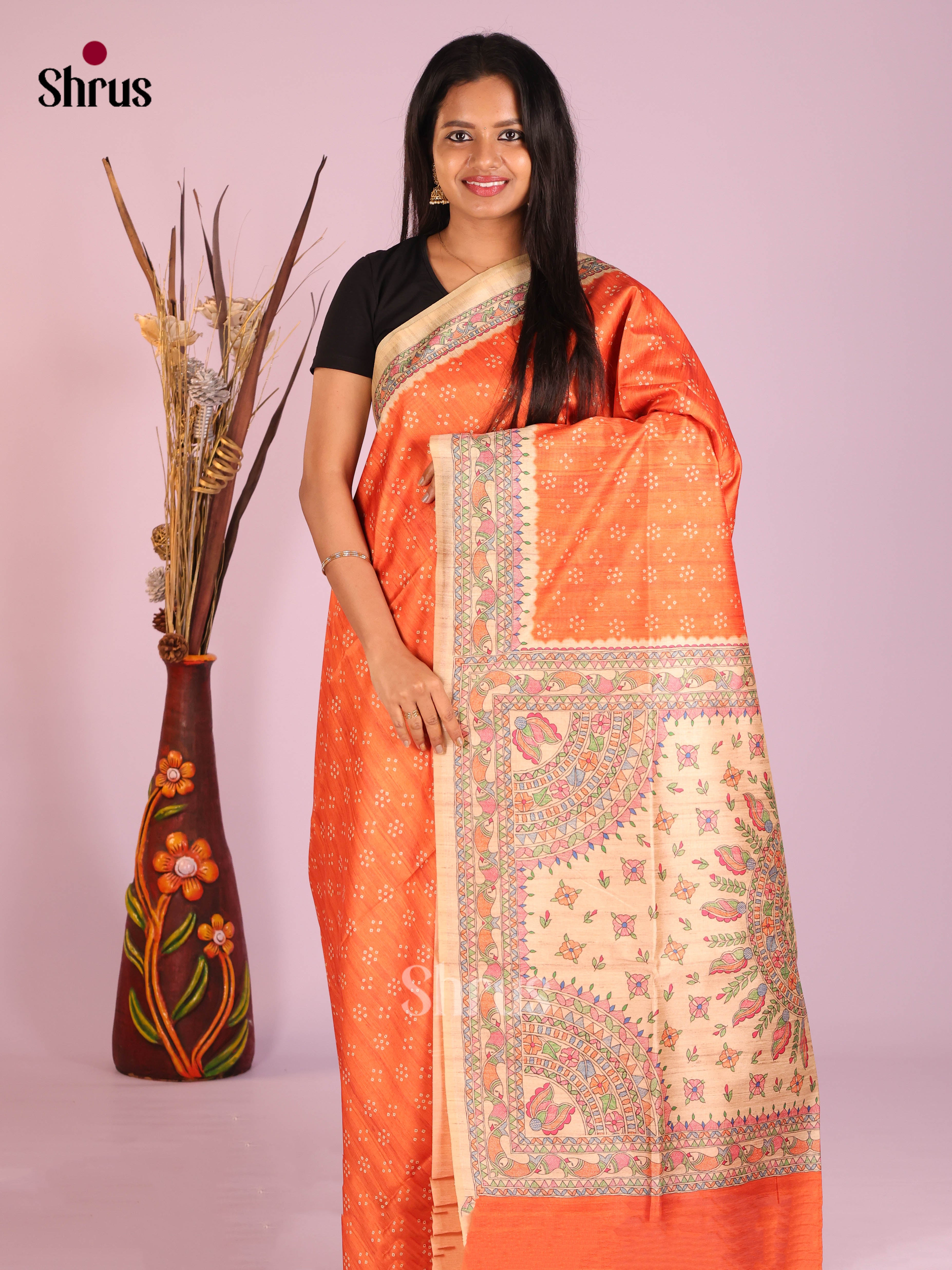 Orange & Cream - Printed Madhubani Saree