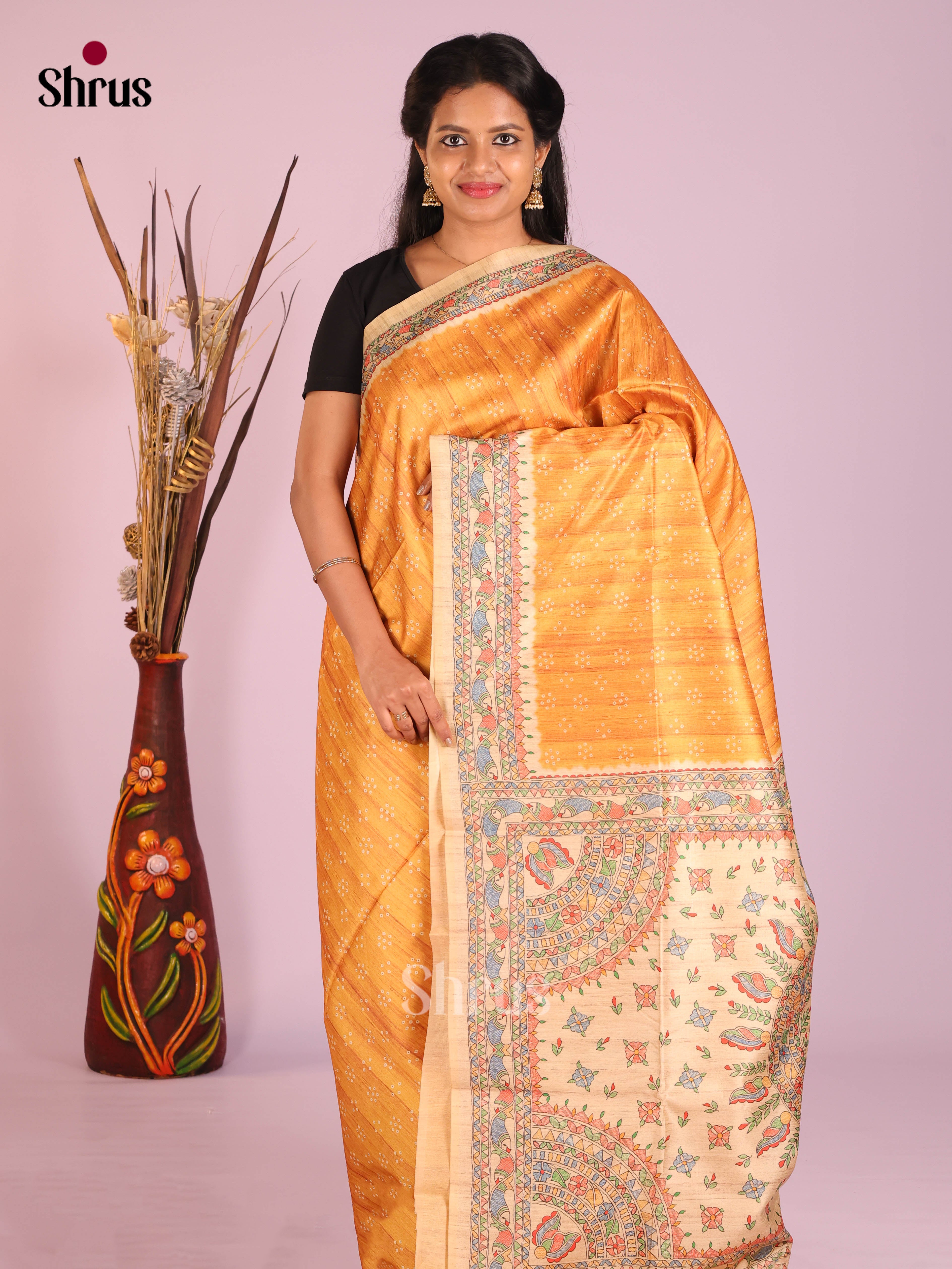 Mustard & Cream - Printed Madhubani Saree