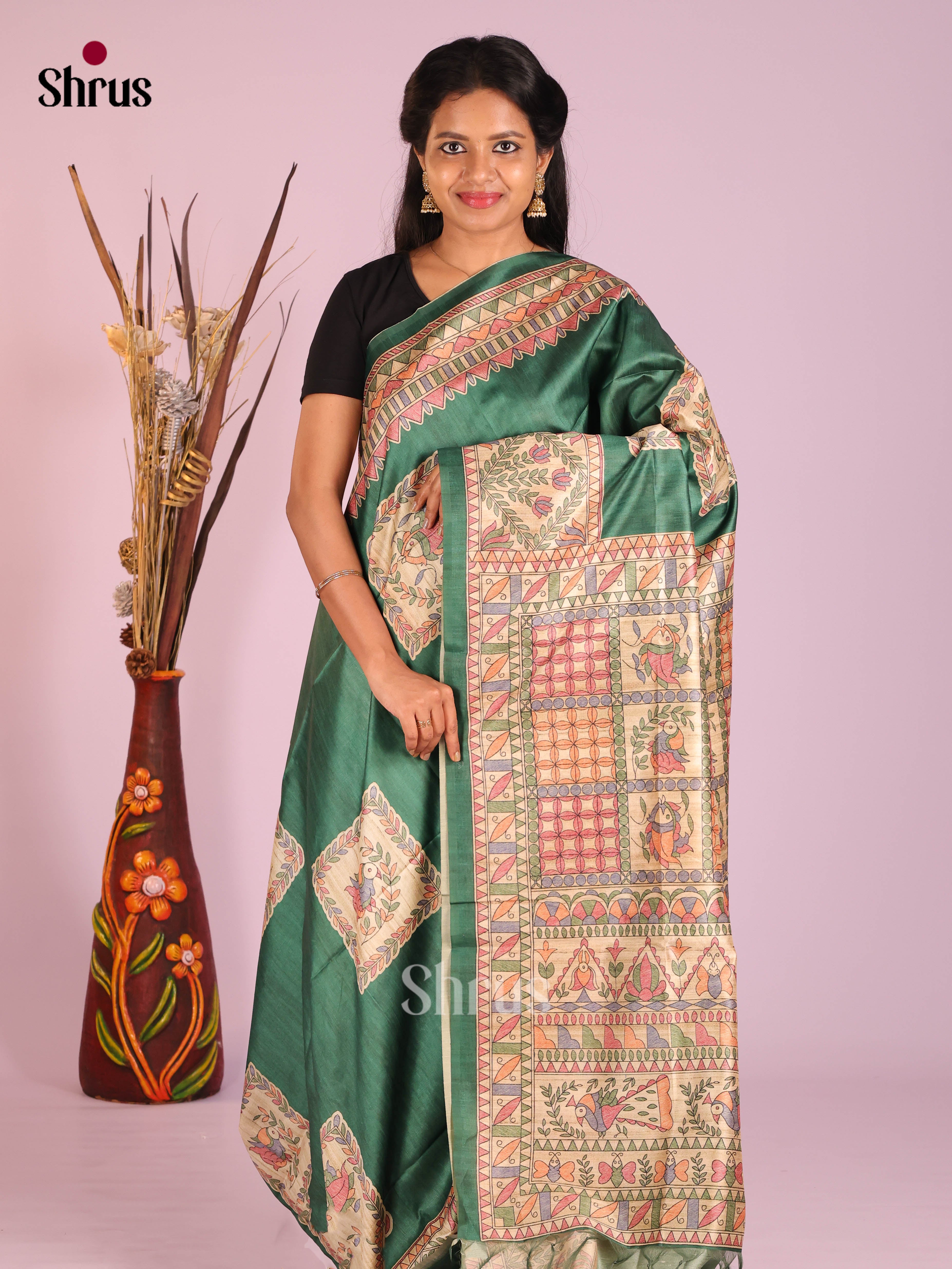Green & Cream - Printed Madhubani Saree