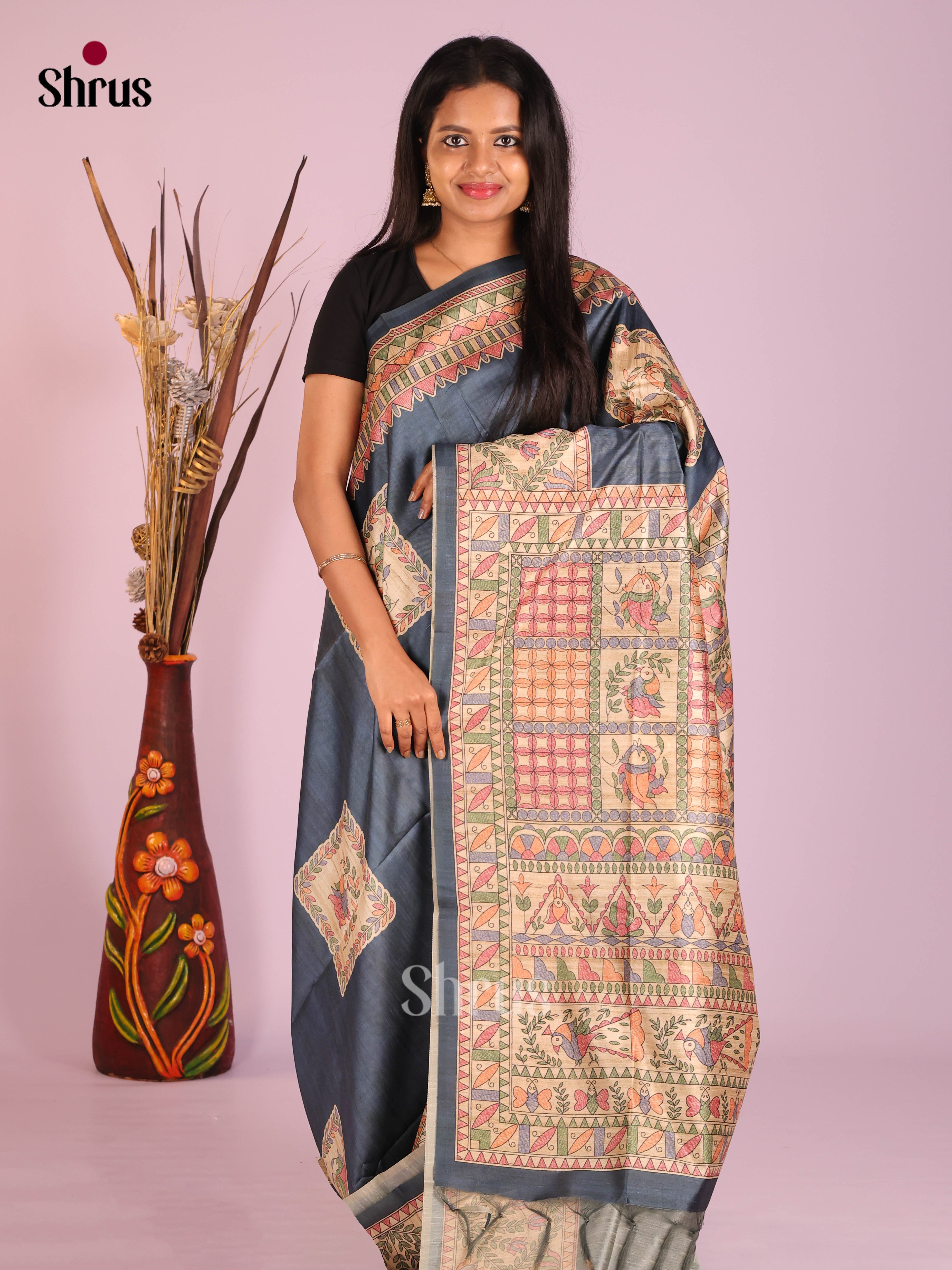 Black & Cream- Printed Madhubani Saree
