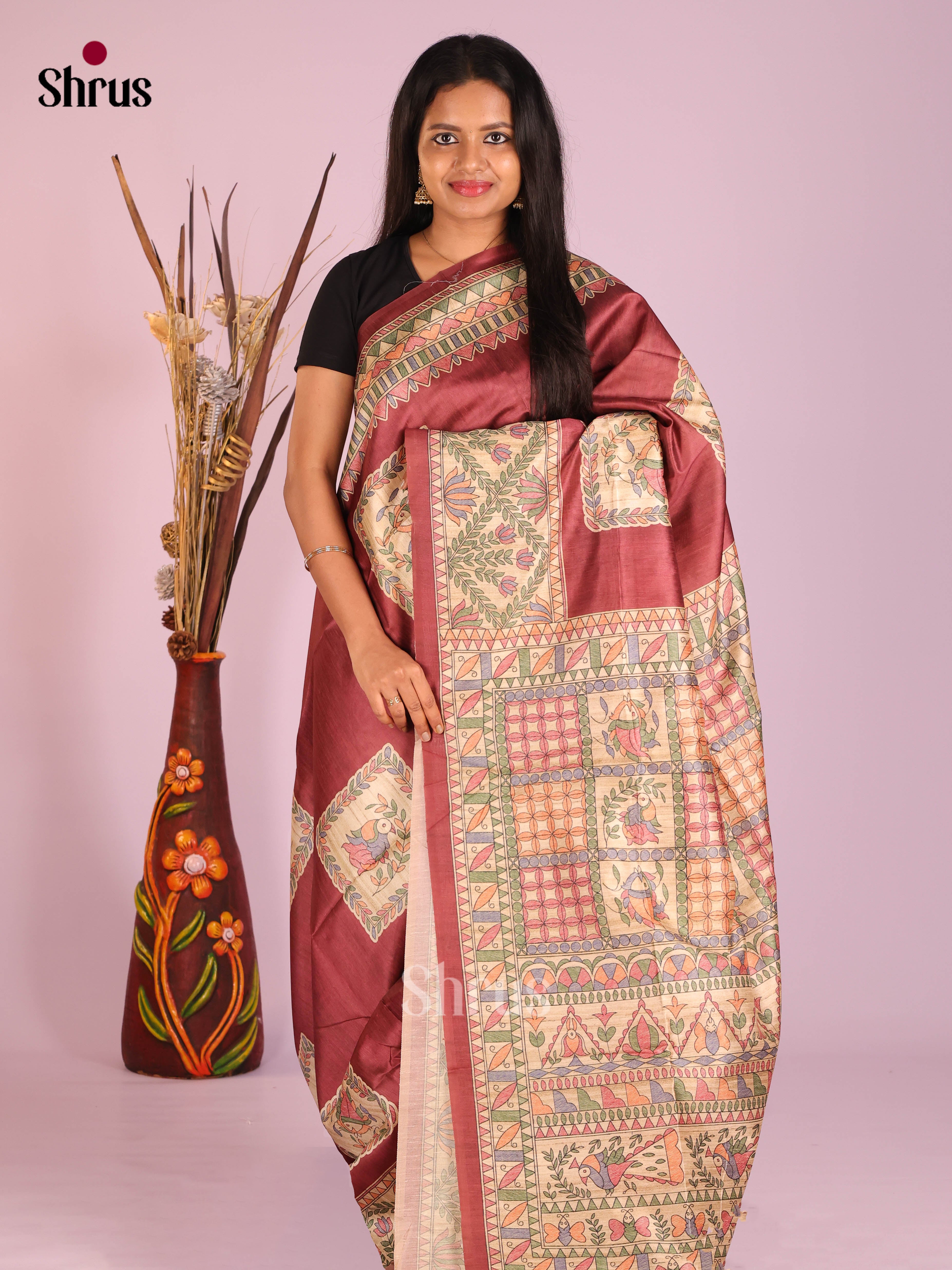 Arakku Maroon & Cream - Printed Madhubani Saree