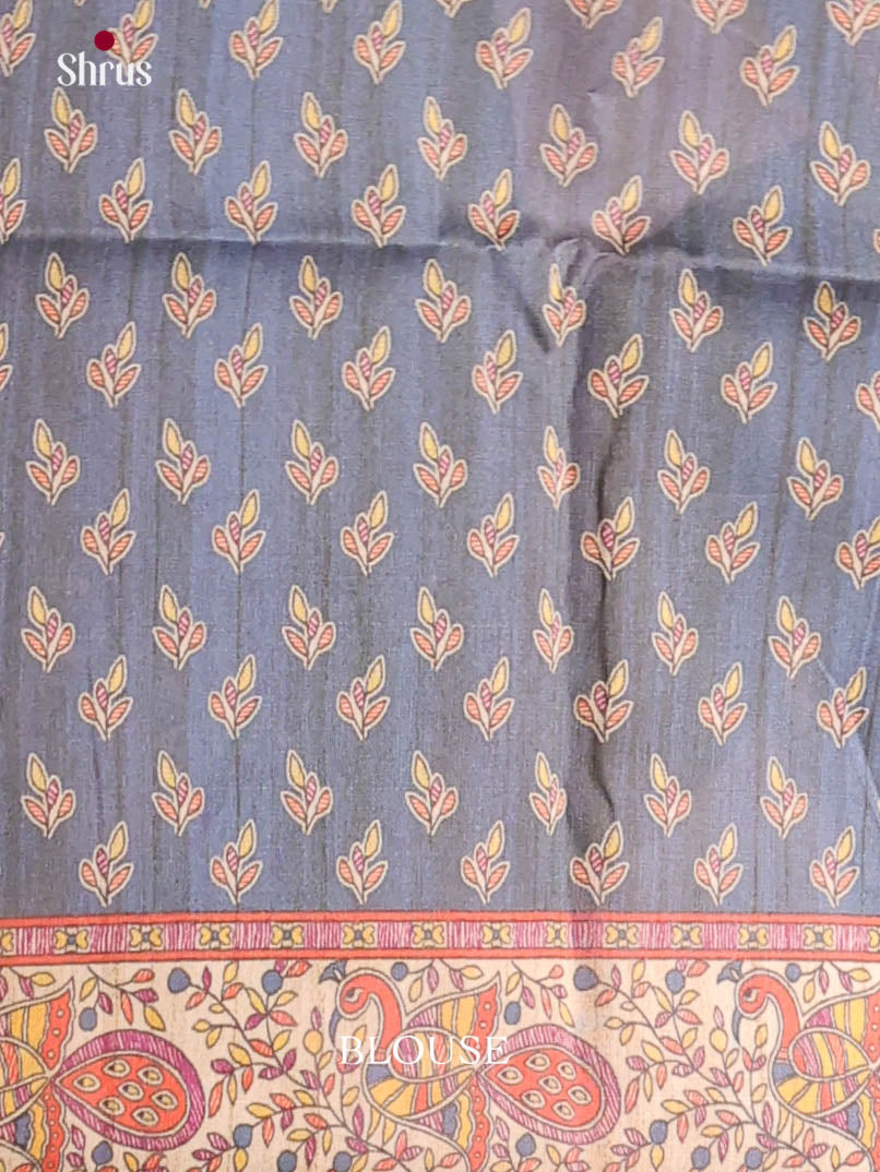 Blue & Cream - Printed Madhubani Saree