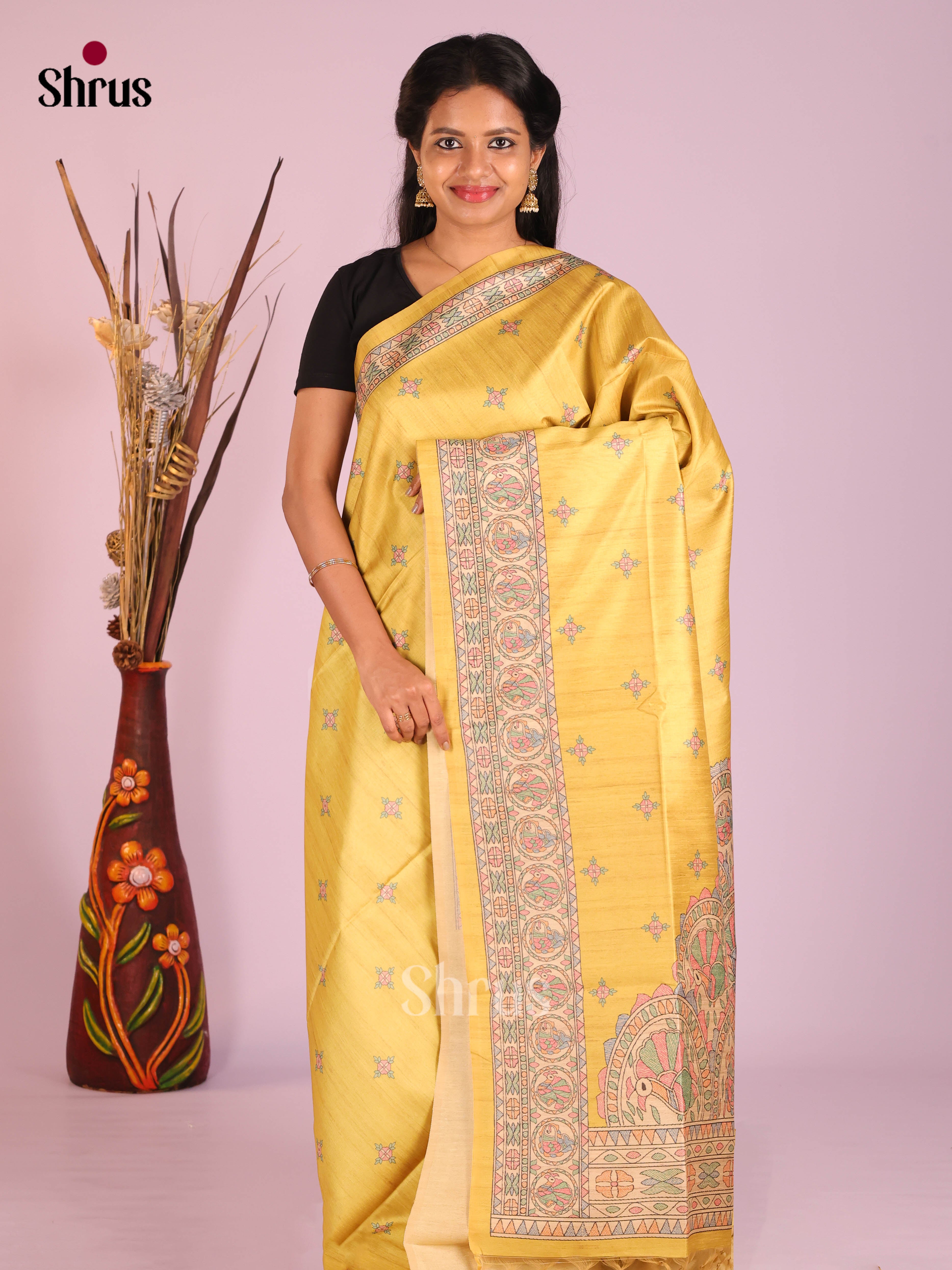 Yellow & Cream - Printed Madhubani Saree