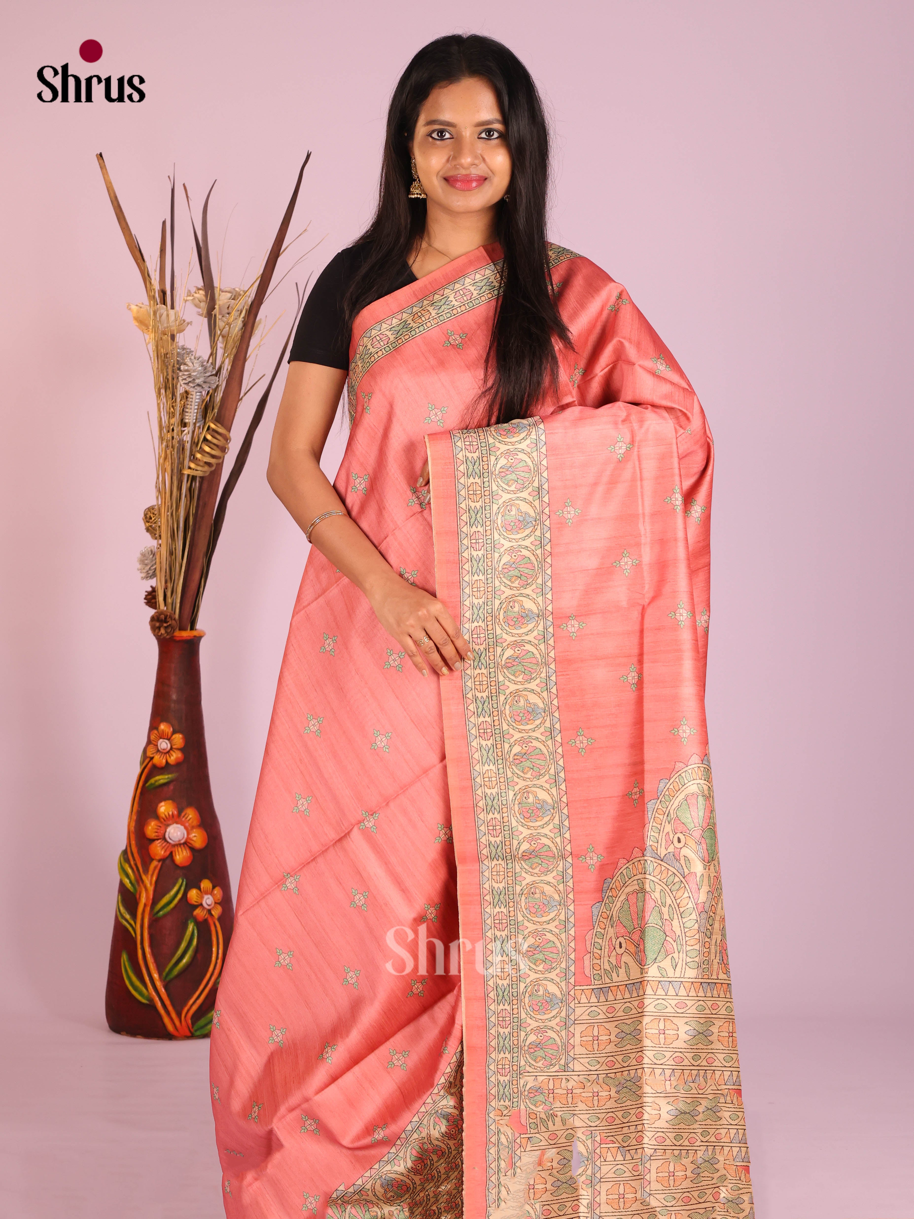 Peachish Pink & Cream - Printed Madhubani Saree