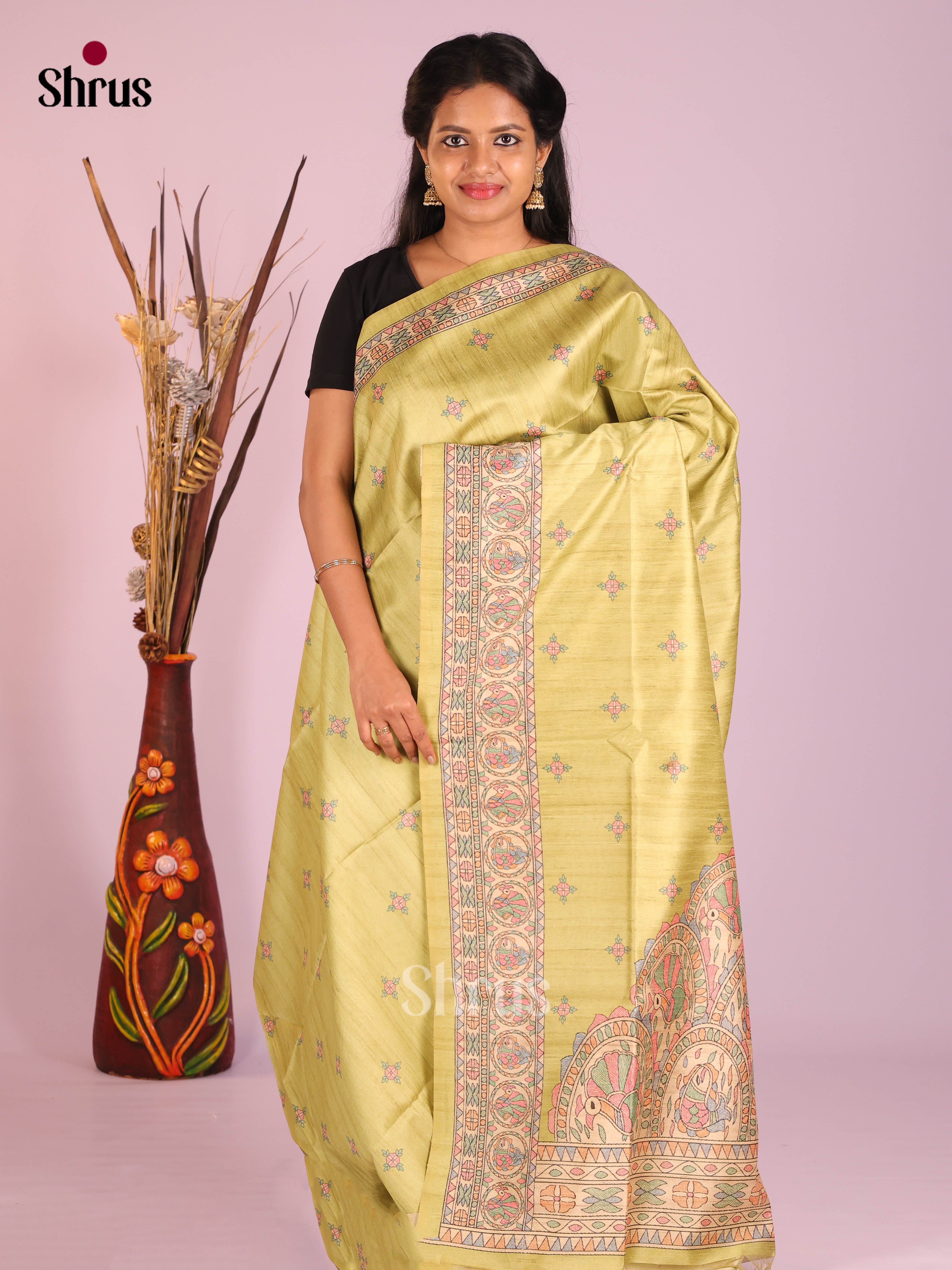 Light Green & Cream - Printed Madhubani Saree