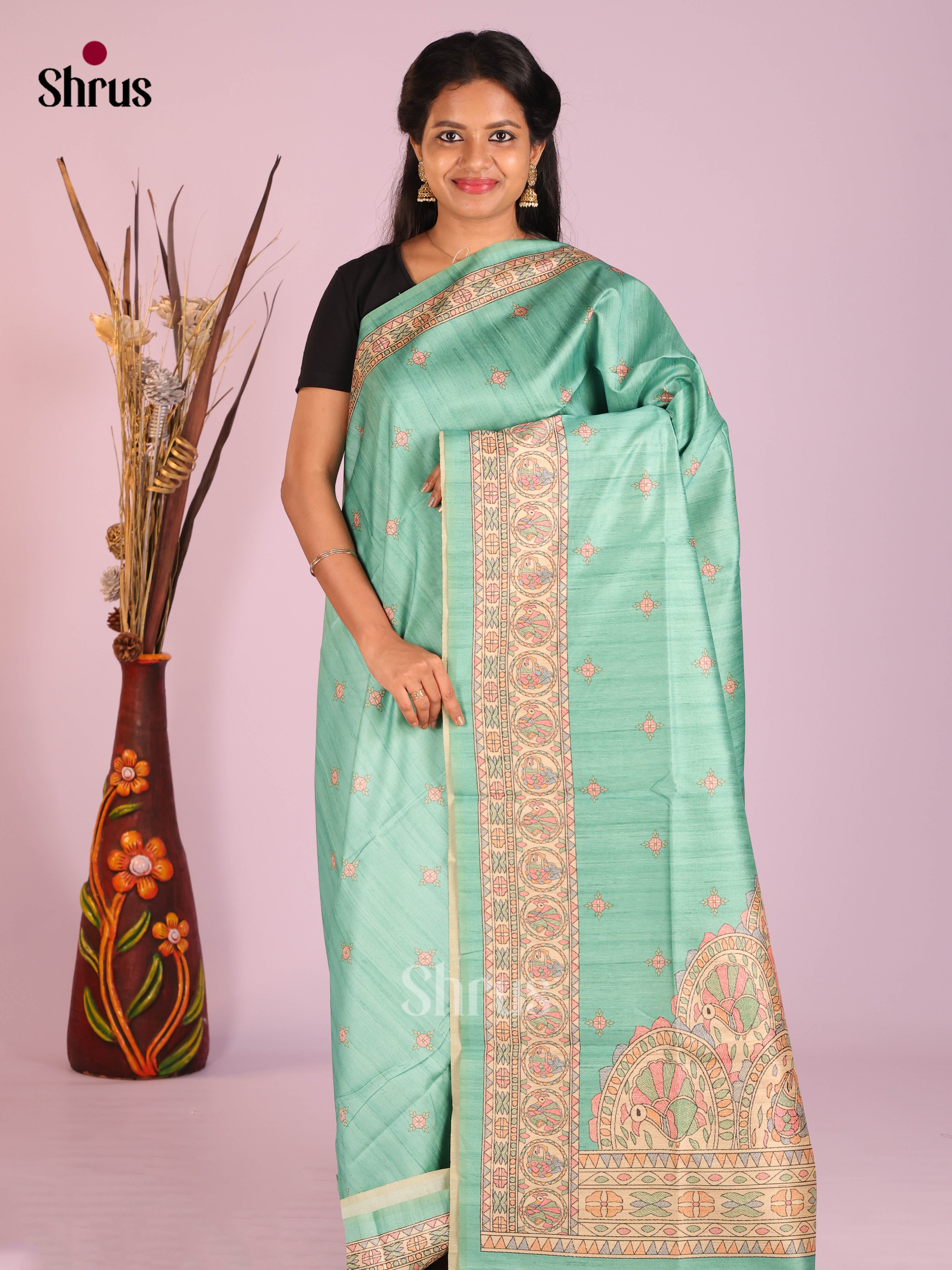 Pastel Green & Cream - Printed Madhubani Saree