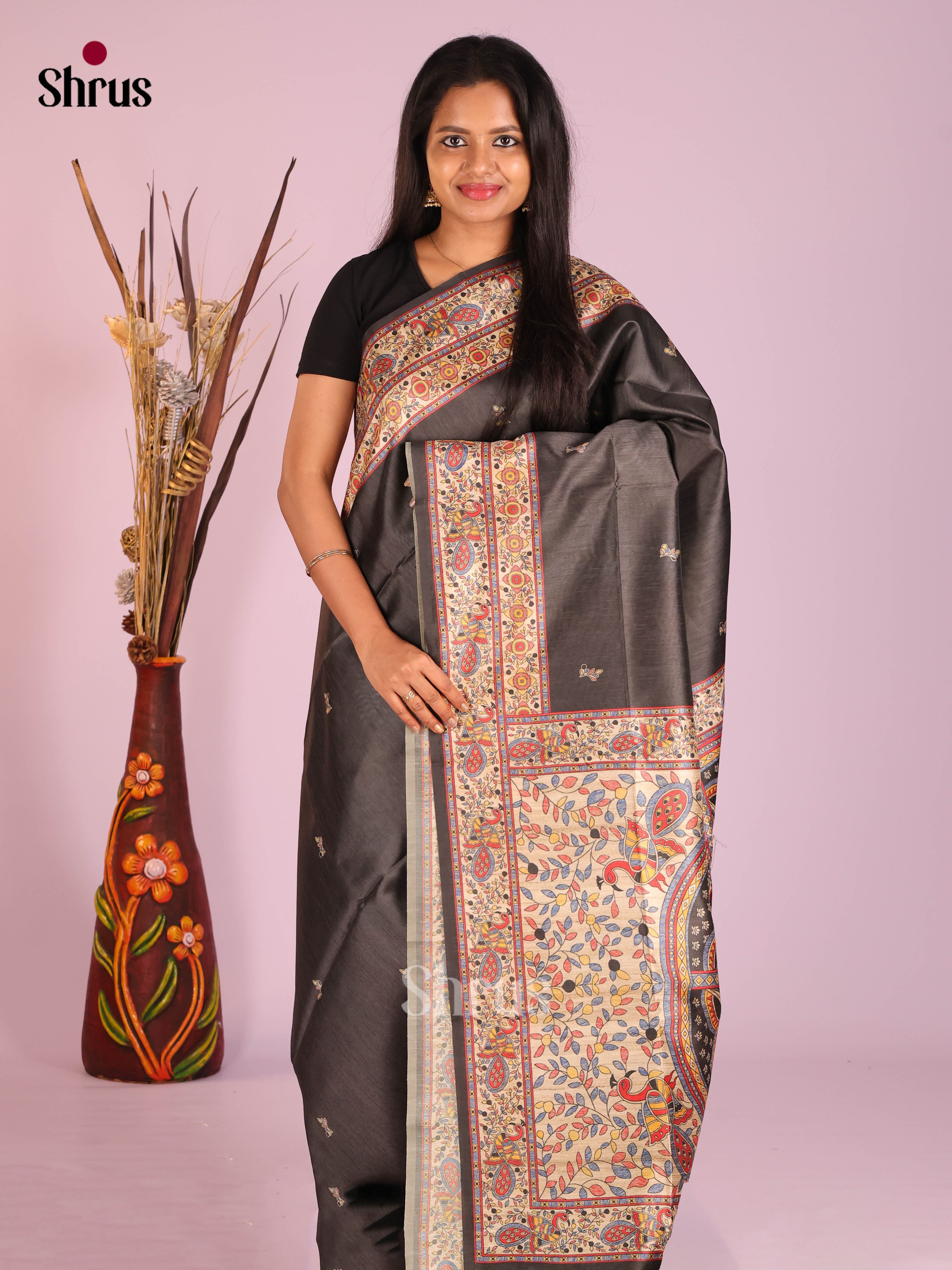 Black & Cream - Printed Madhubani Saree