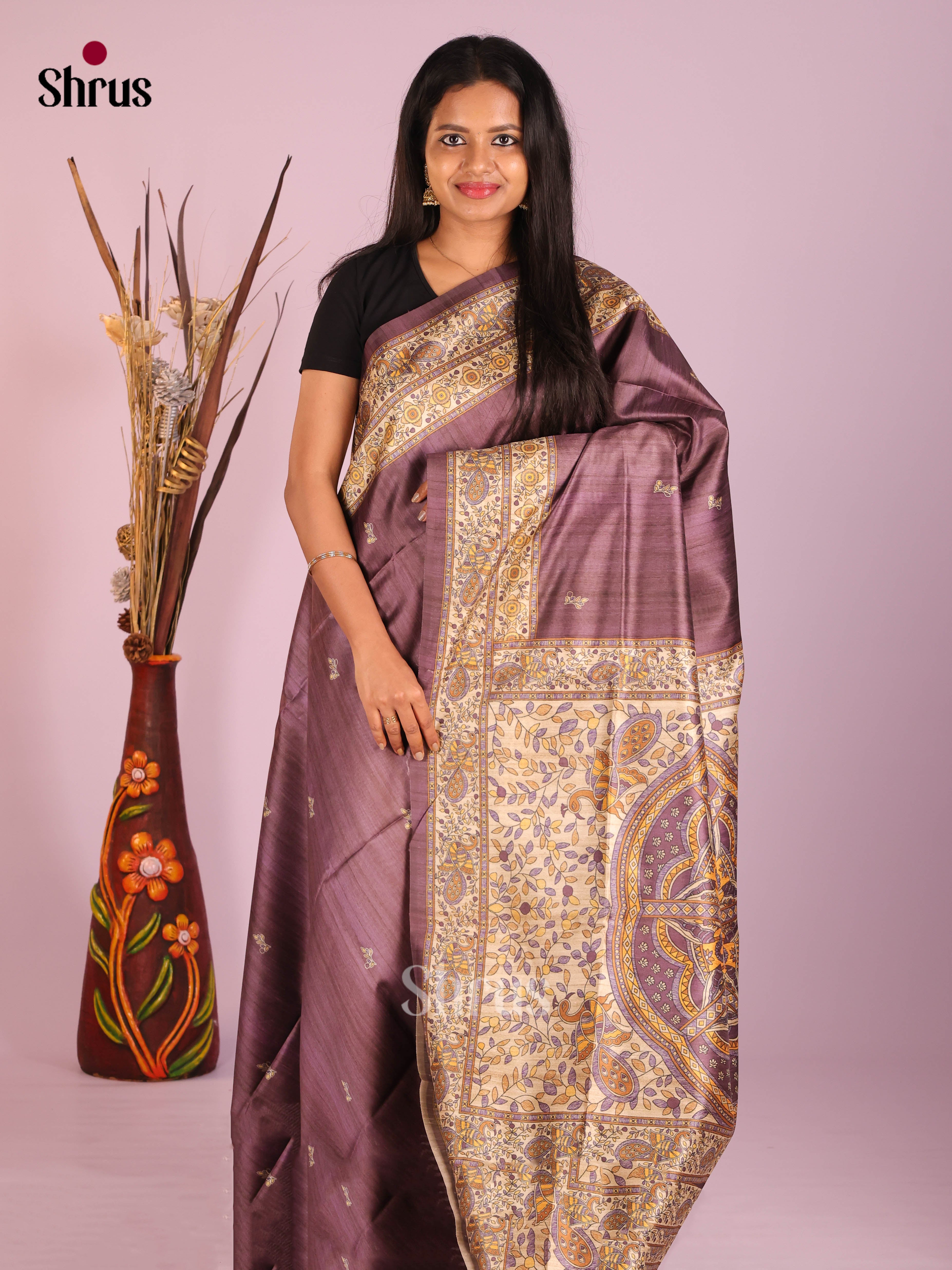 Dark Purple & Cream - Printed Madhubani Saree