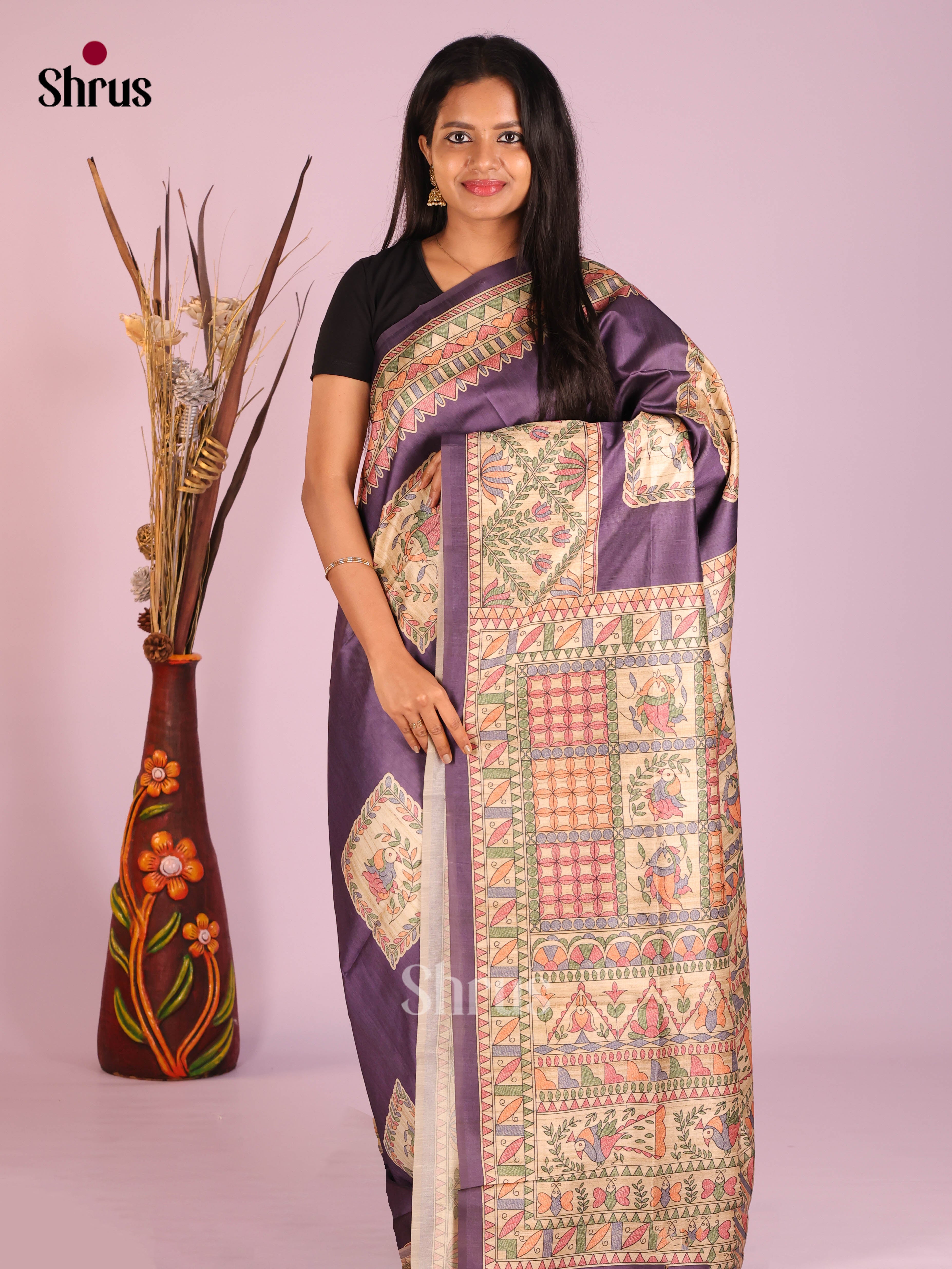 Dark Purple - Printed Madhubani Saree