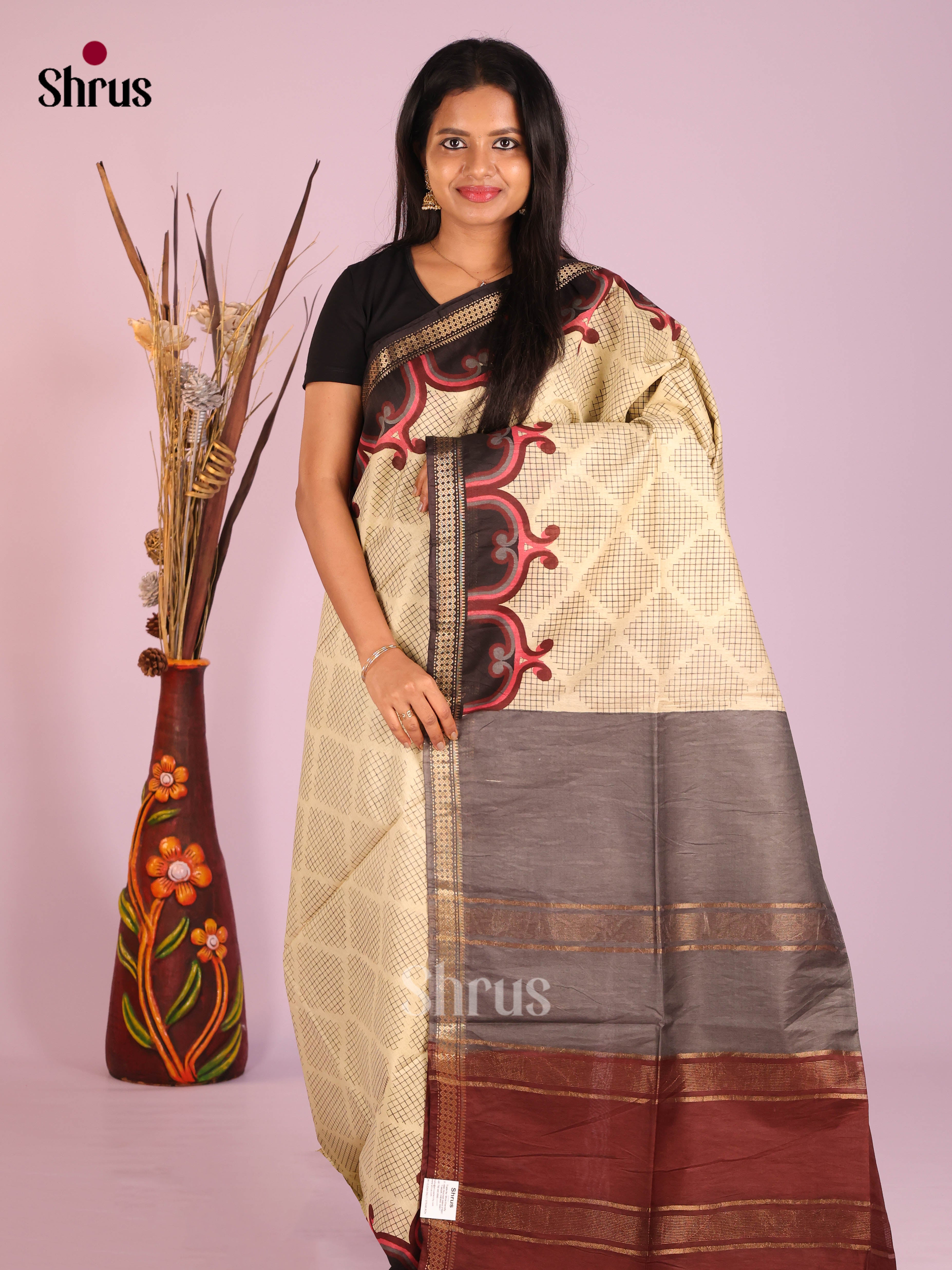 Cream & Brown - Semi Tussar Saree