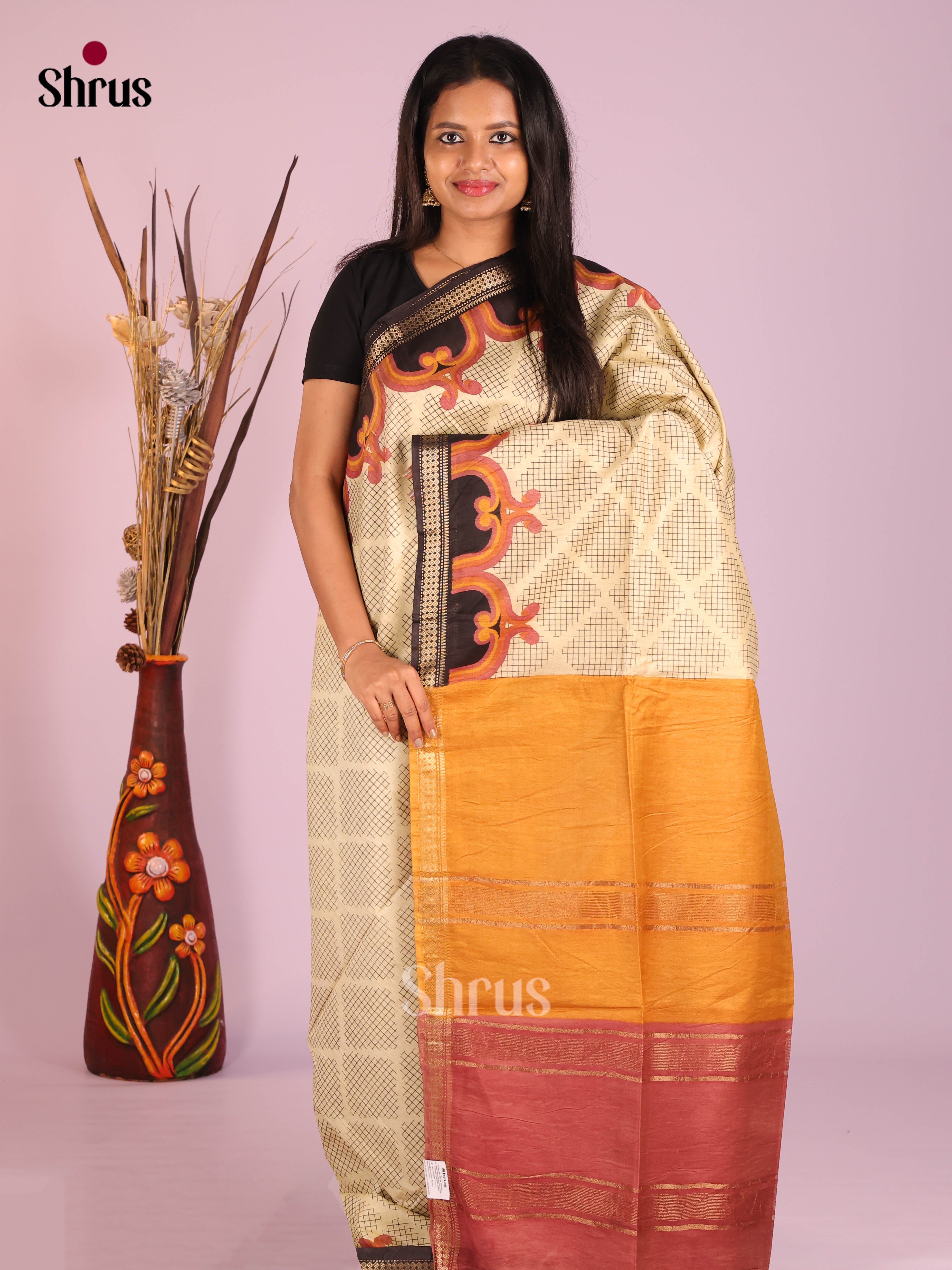Cream & Brown - Semi Tussar Saree