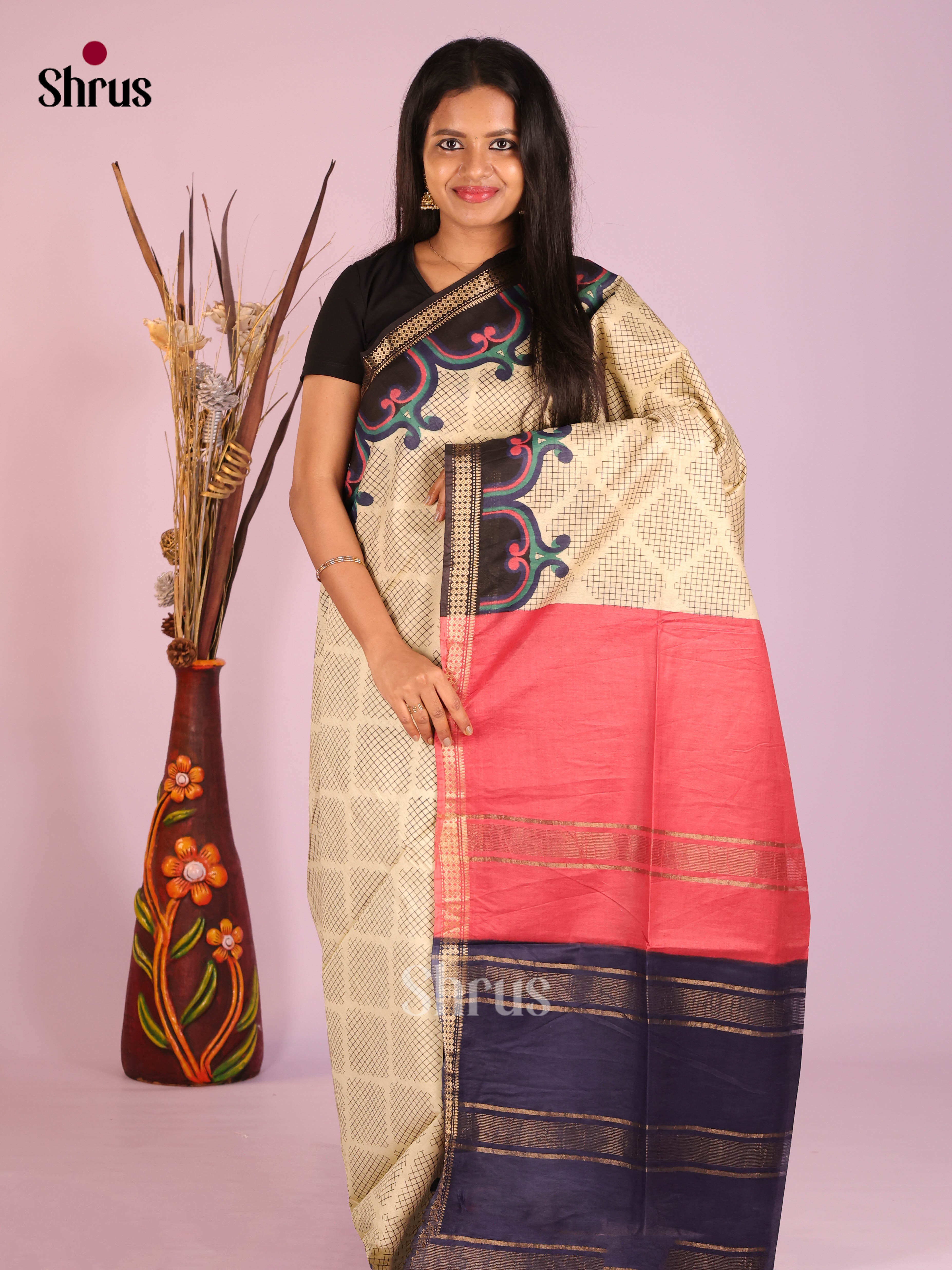 Cream & Blue - Semi Tussar Saree