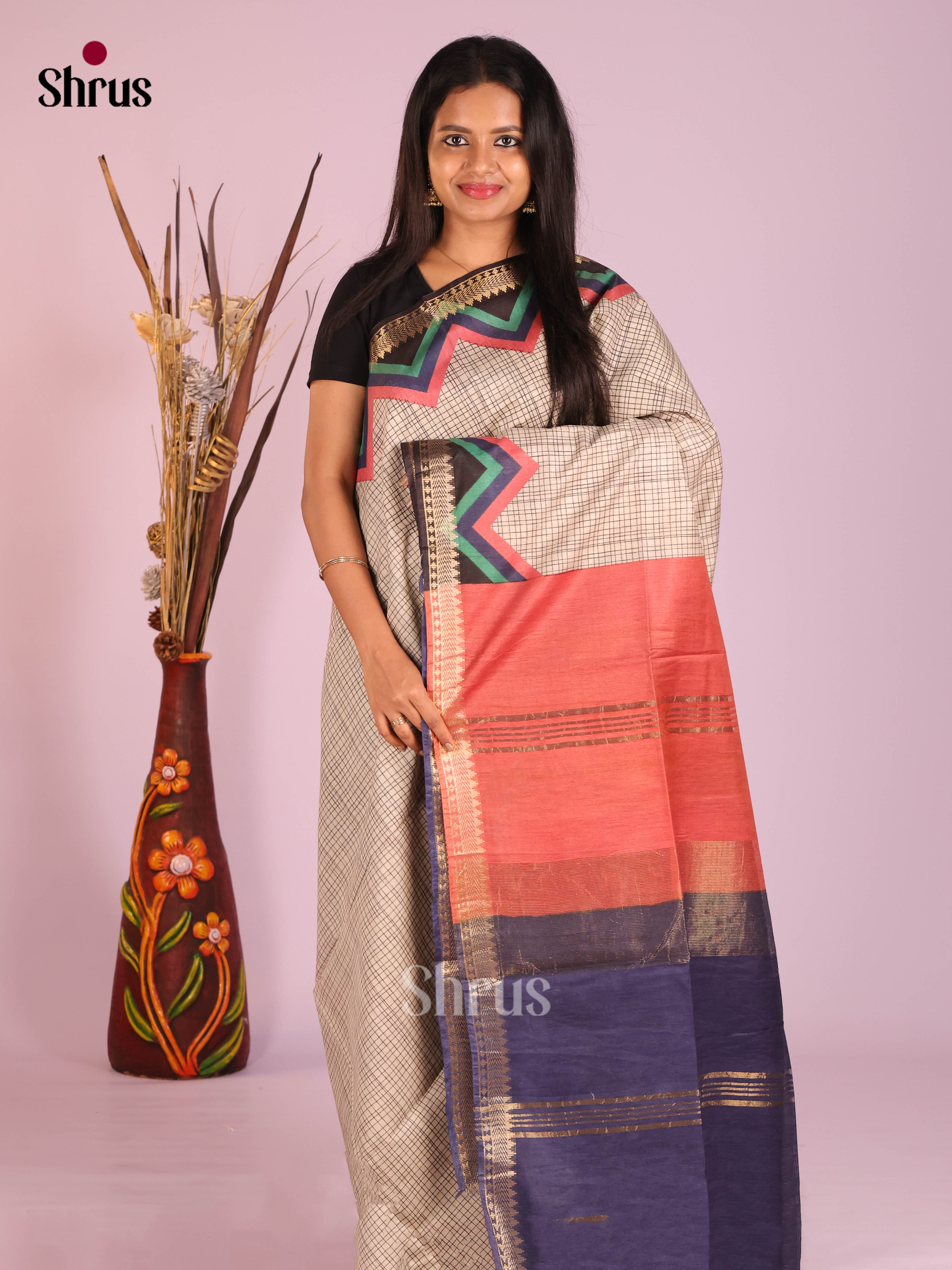 Cream & Blue - Semi Tussar Saree
