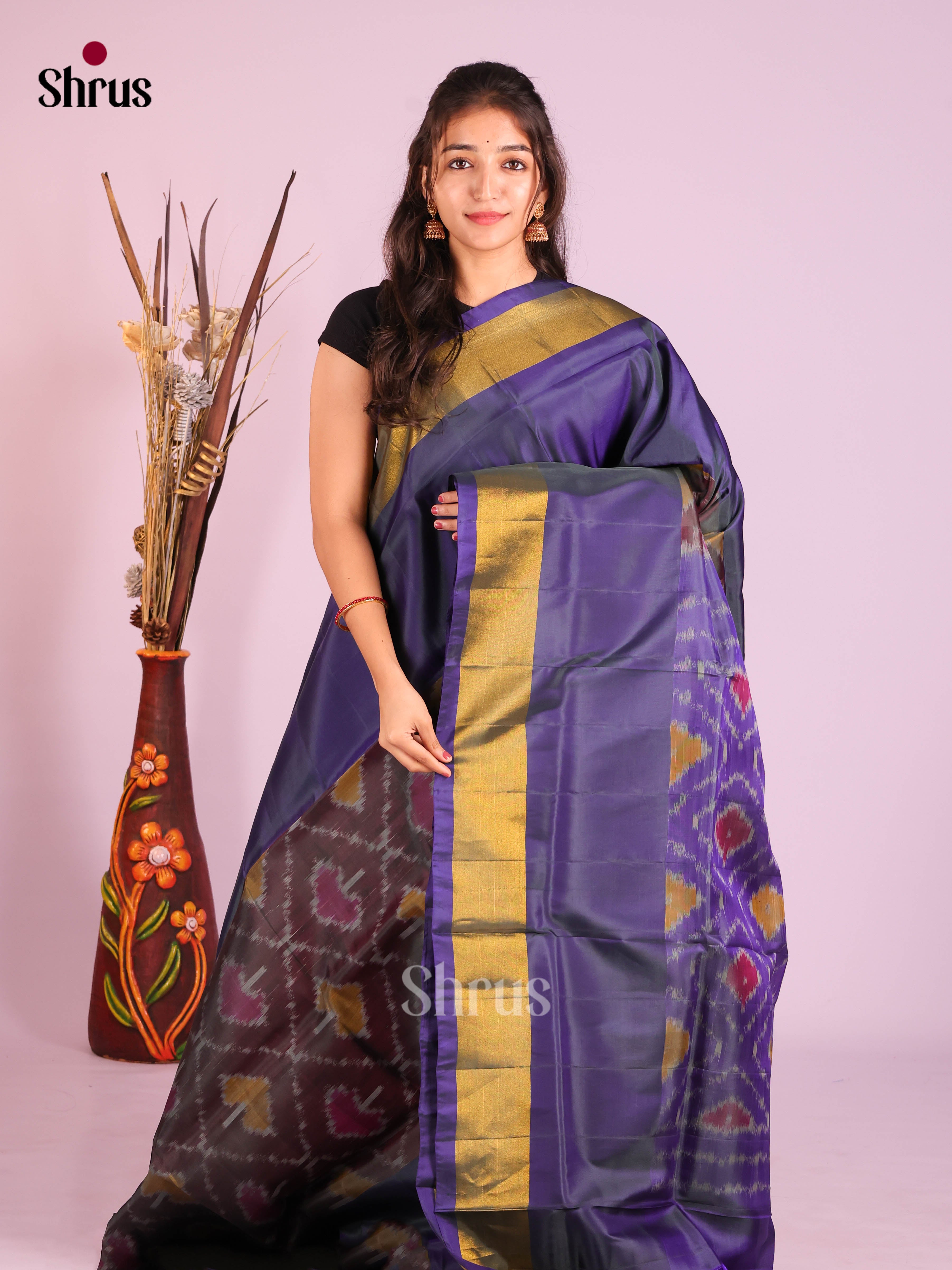Brown & Blue - Semi uppada Saree