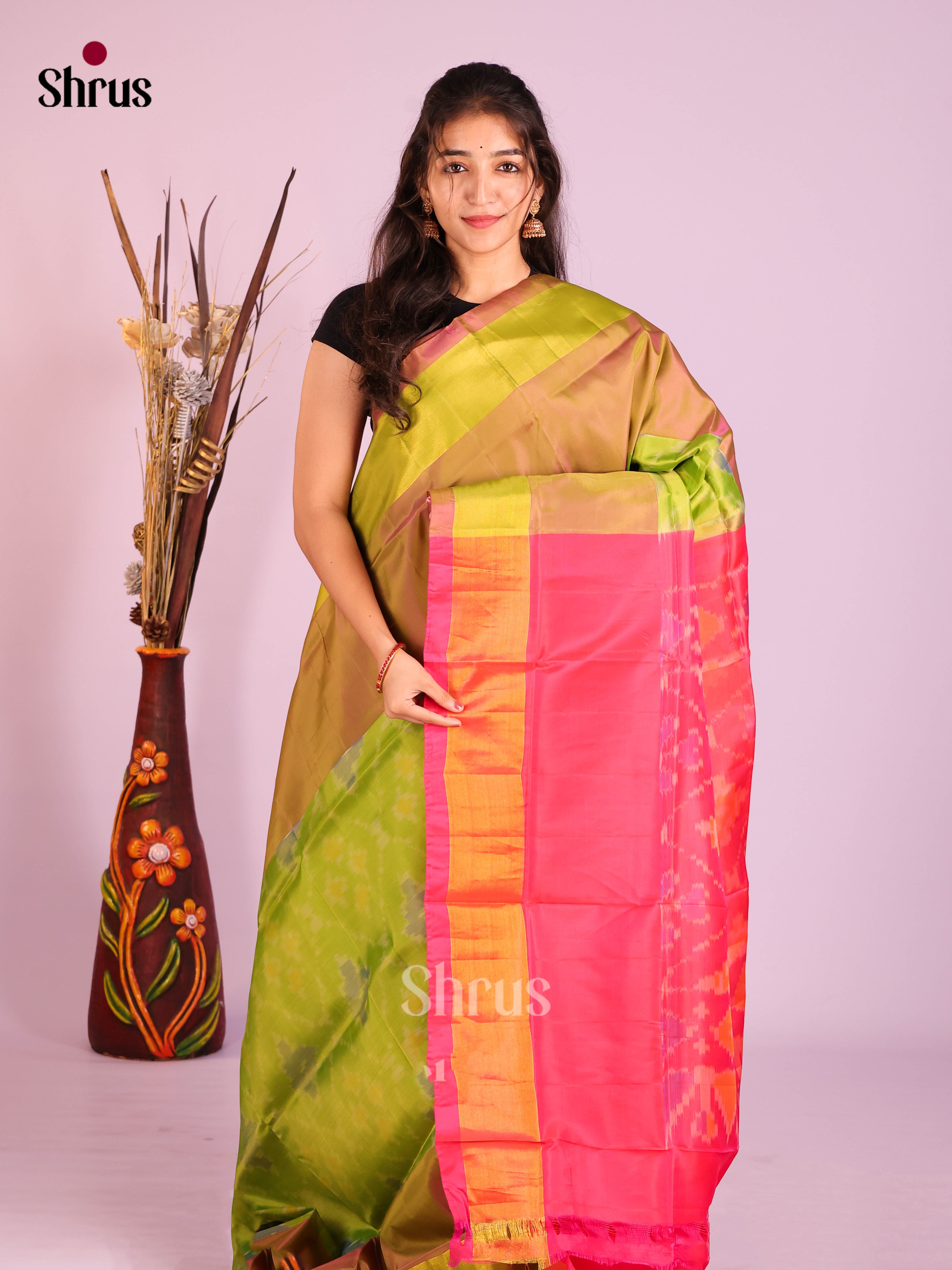 Green & Pink - Semi uppada Saree - Shop on Shrus.com