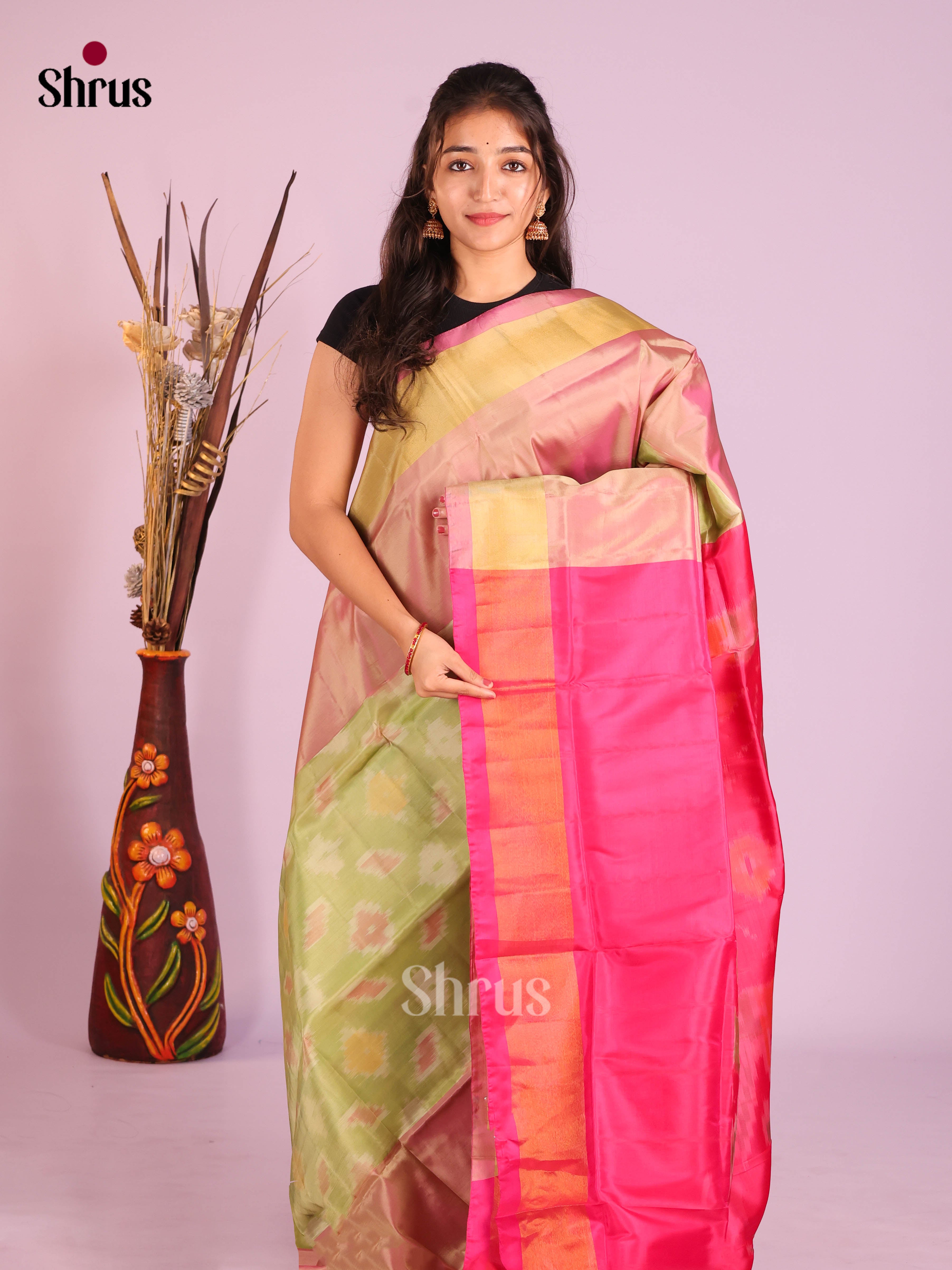 Green & Pink - Semi uppada Saree - Shop on Shrus.com