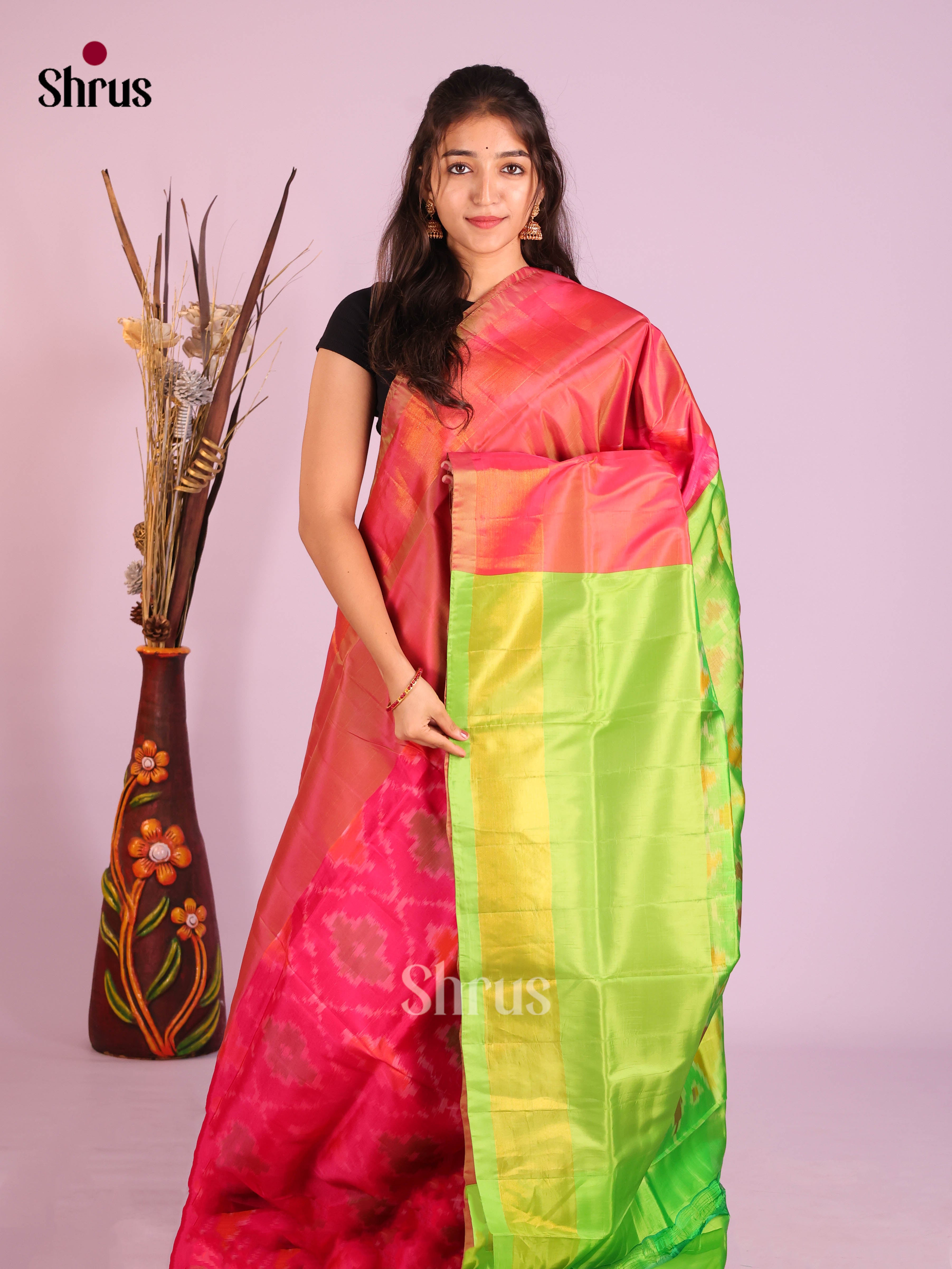 Pink & Light Green - Semi uppada Saree