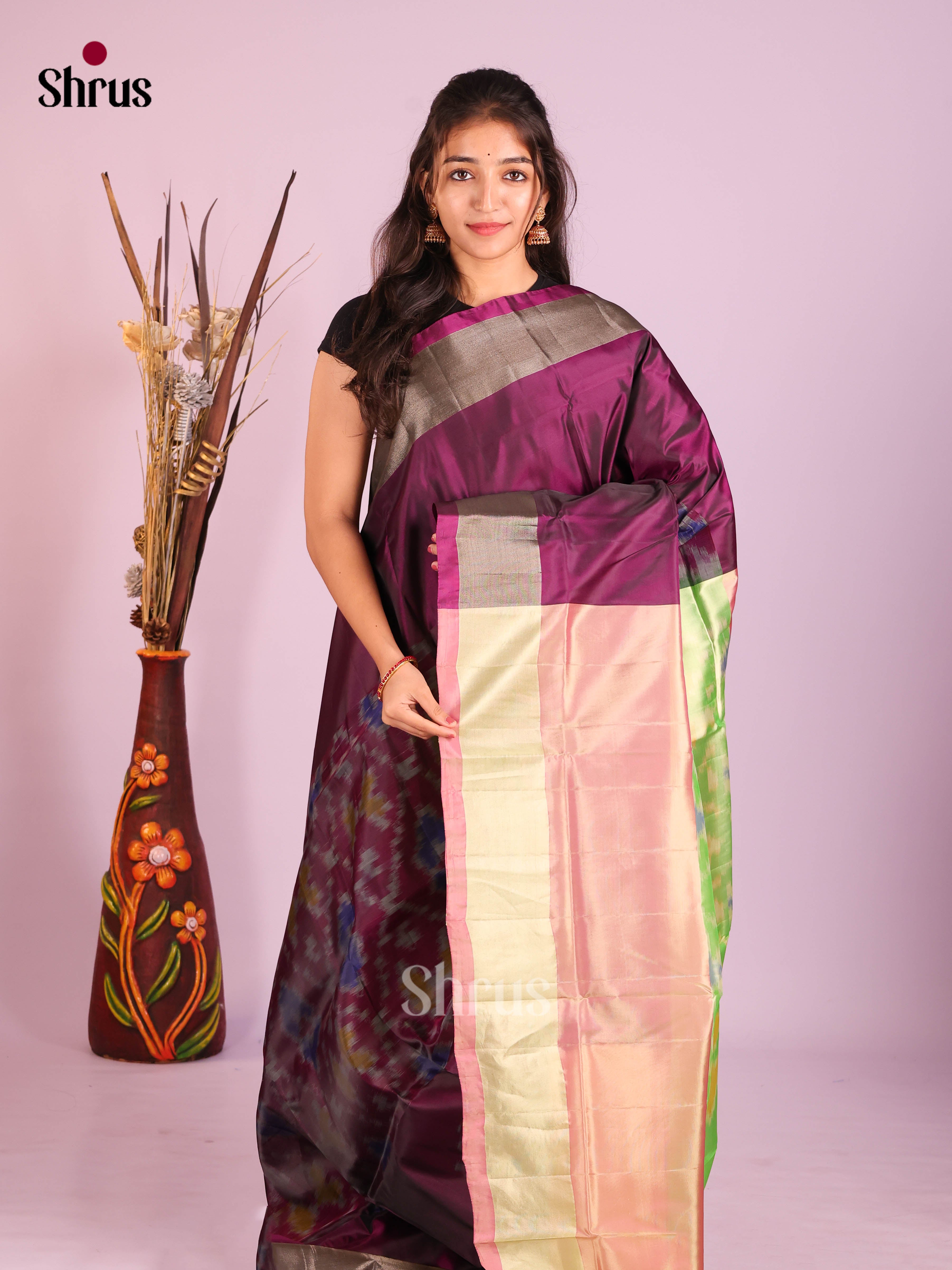 Wine & Baby Pink - Semi uppada Saree - Shop on Shrus.com