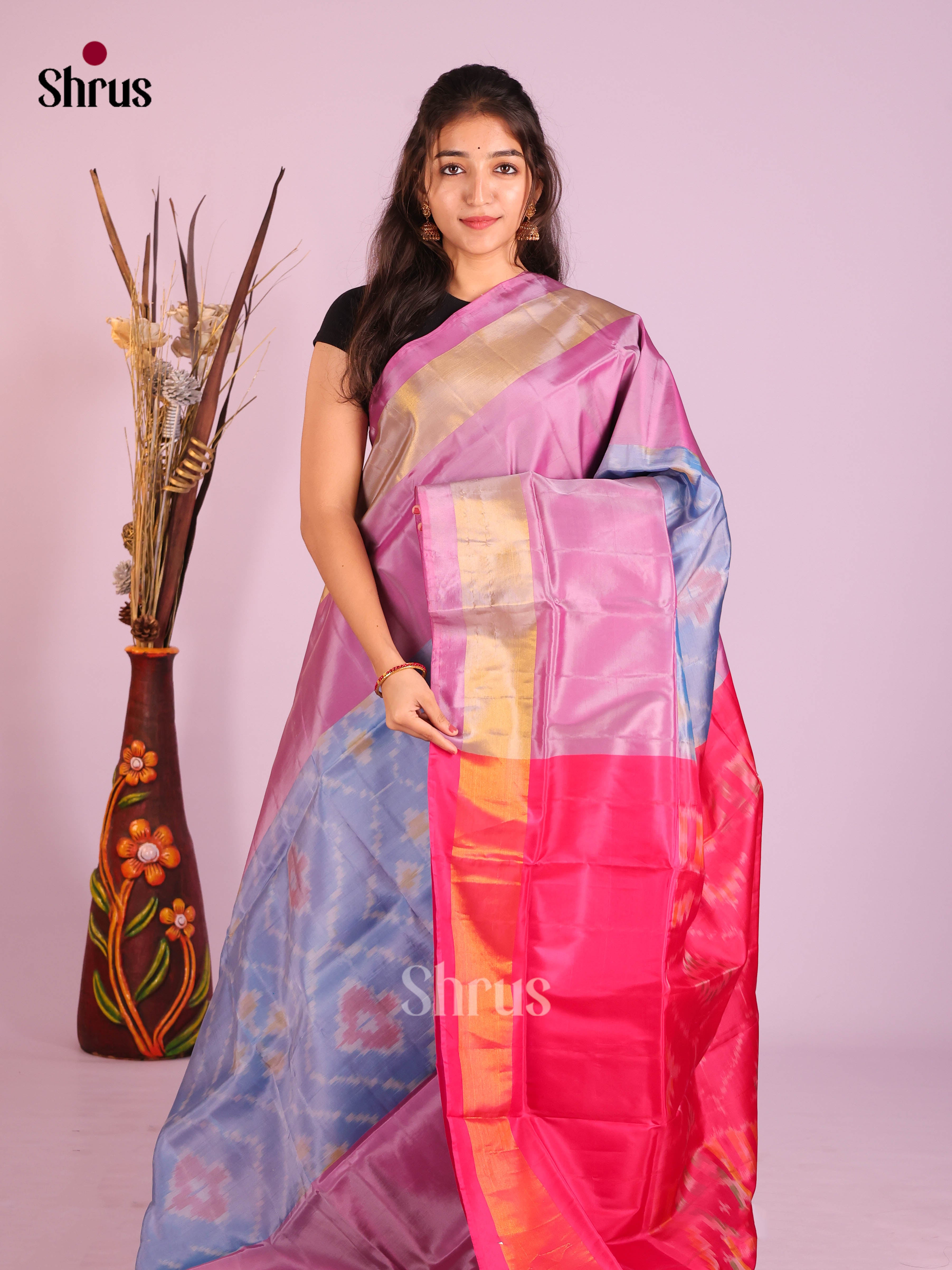Blue & Pink - Semi uppada Saree
