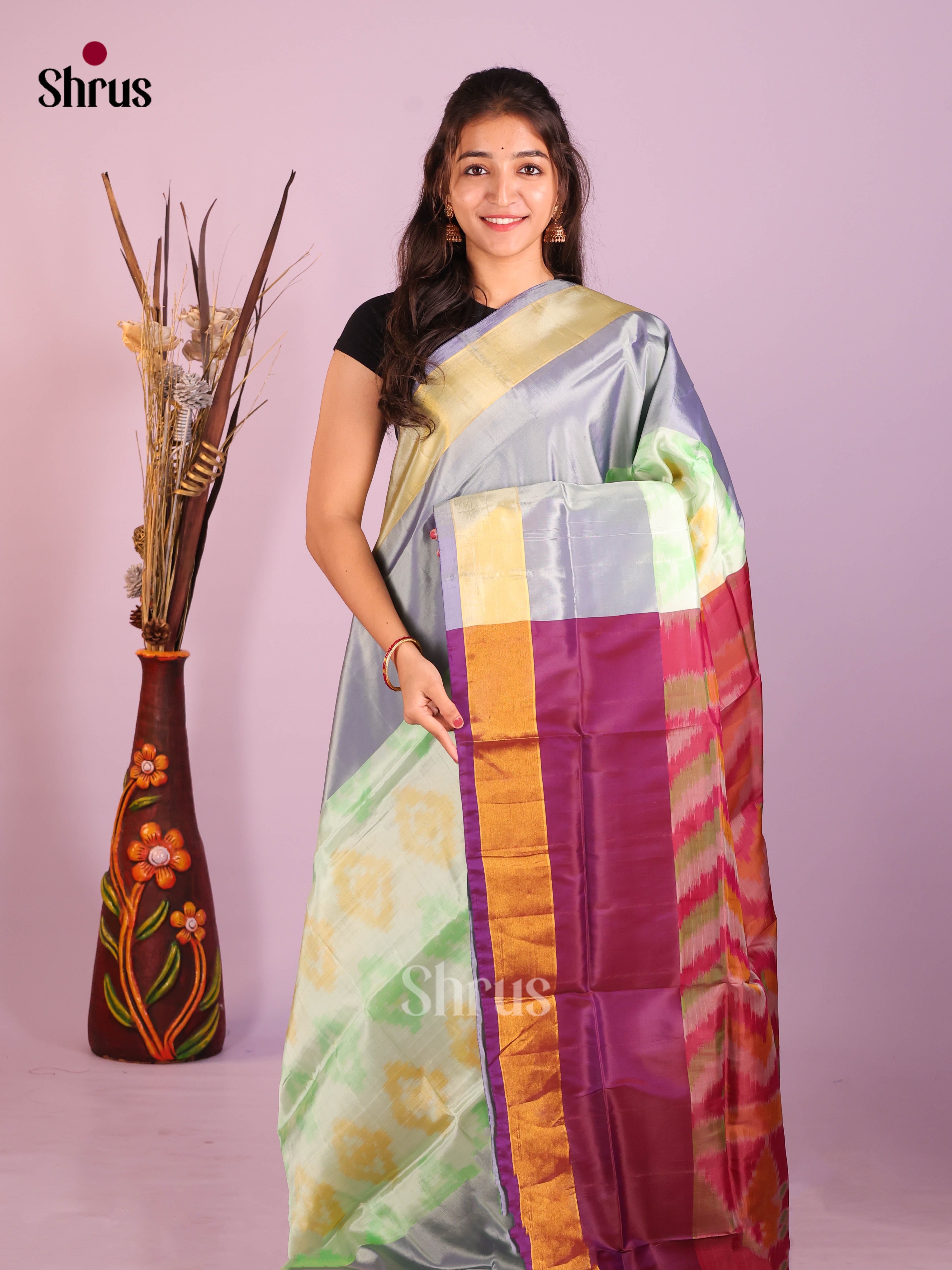 Pastel Green & Purple - Semi uppada Saree