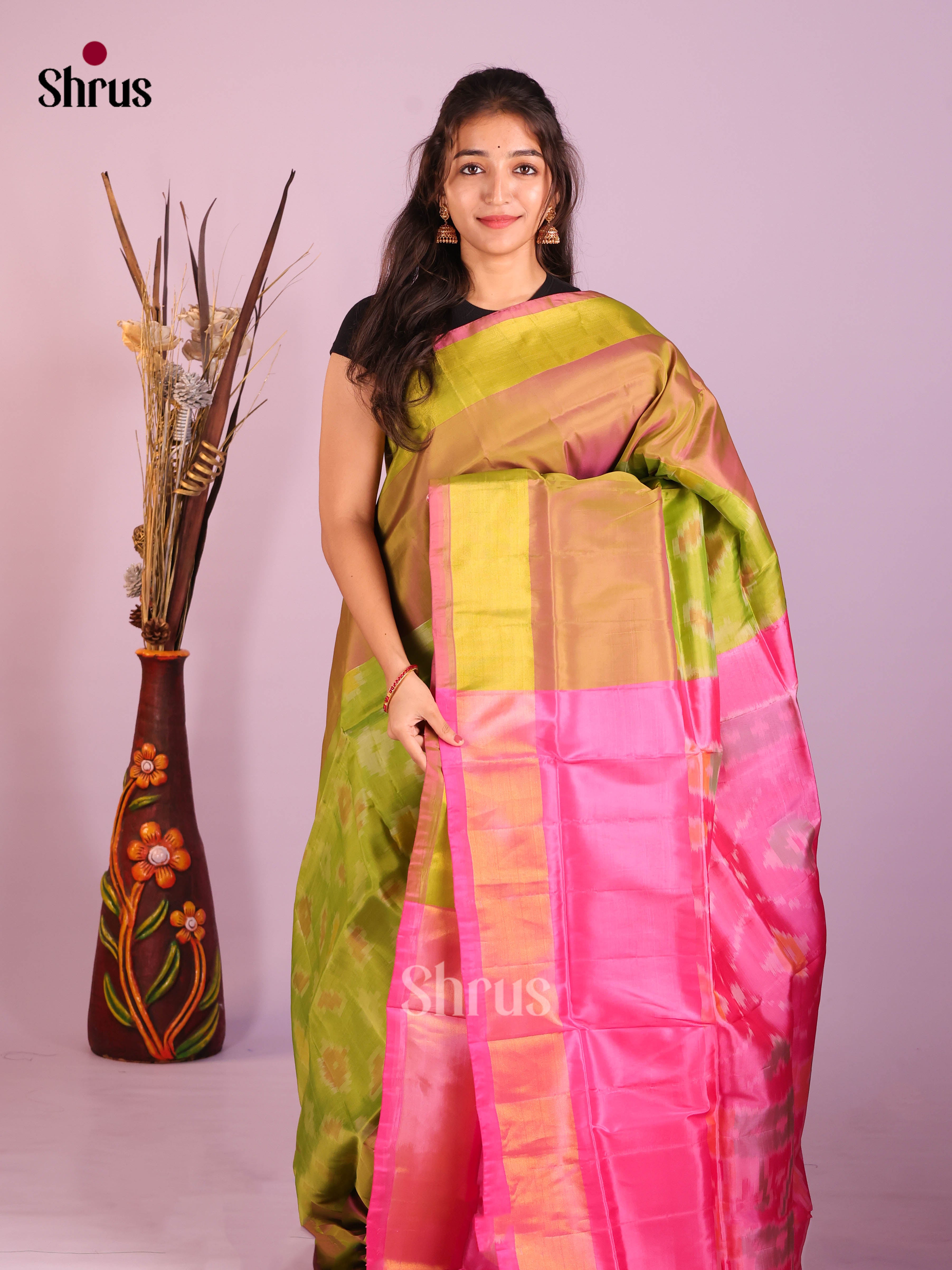 Light Green & Pink - Semi uppada Saree