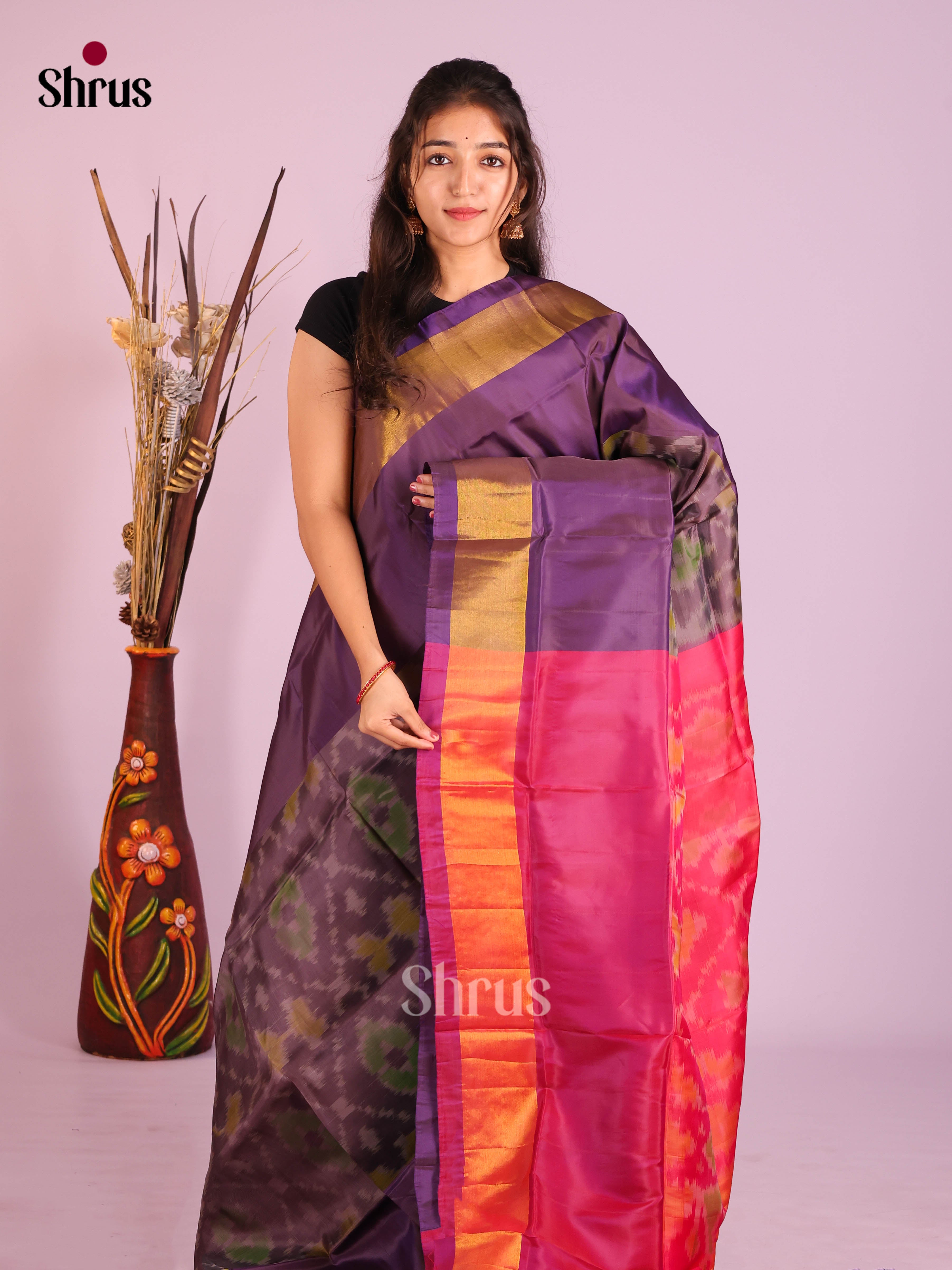 Dark Violet & Pink - Semi uppada Saree - Shop on Shrus.com