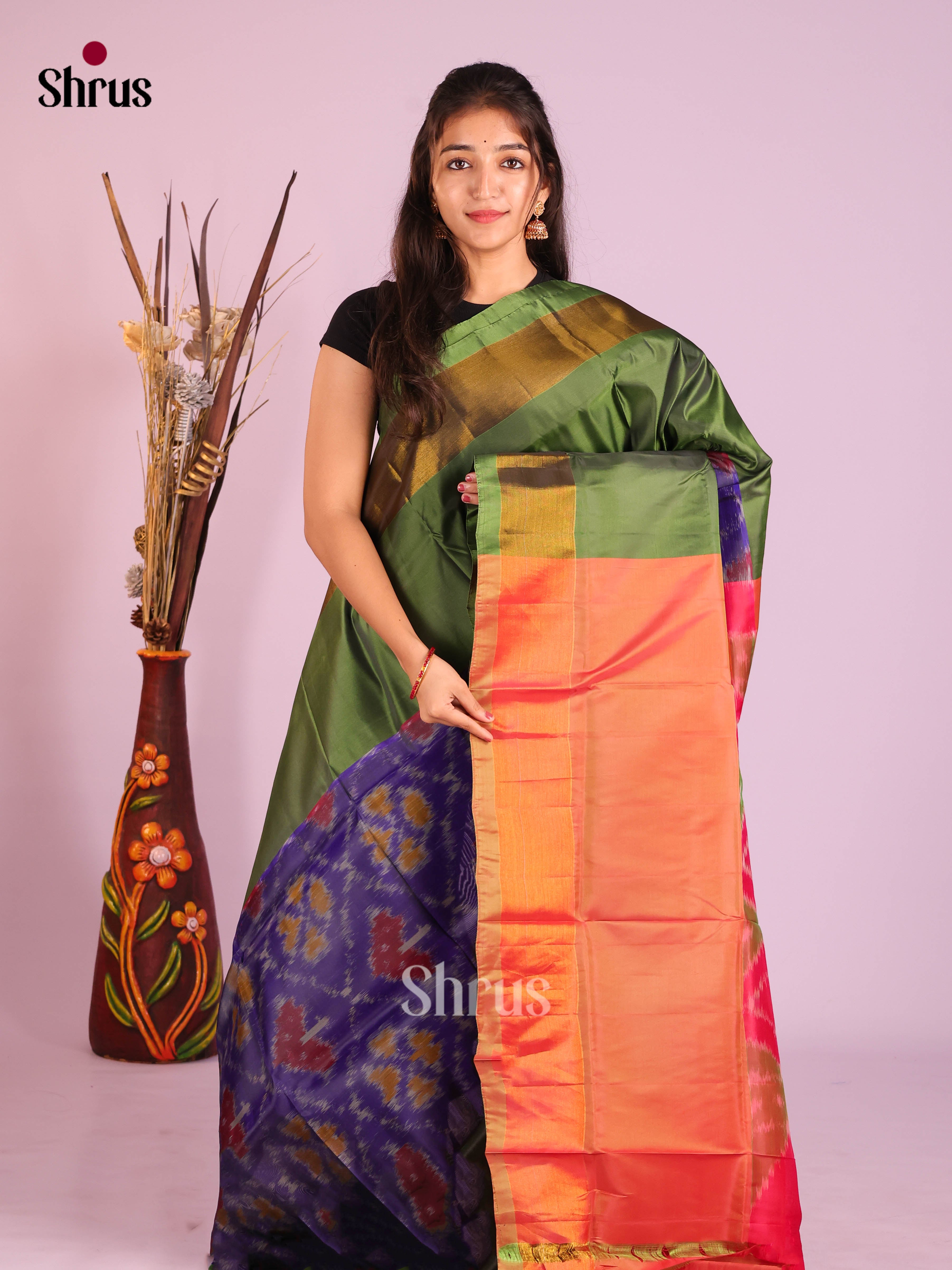 Blue & Orangish Pink - Semi uppada Saree