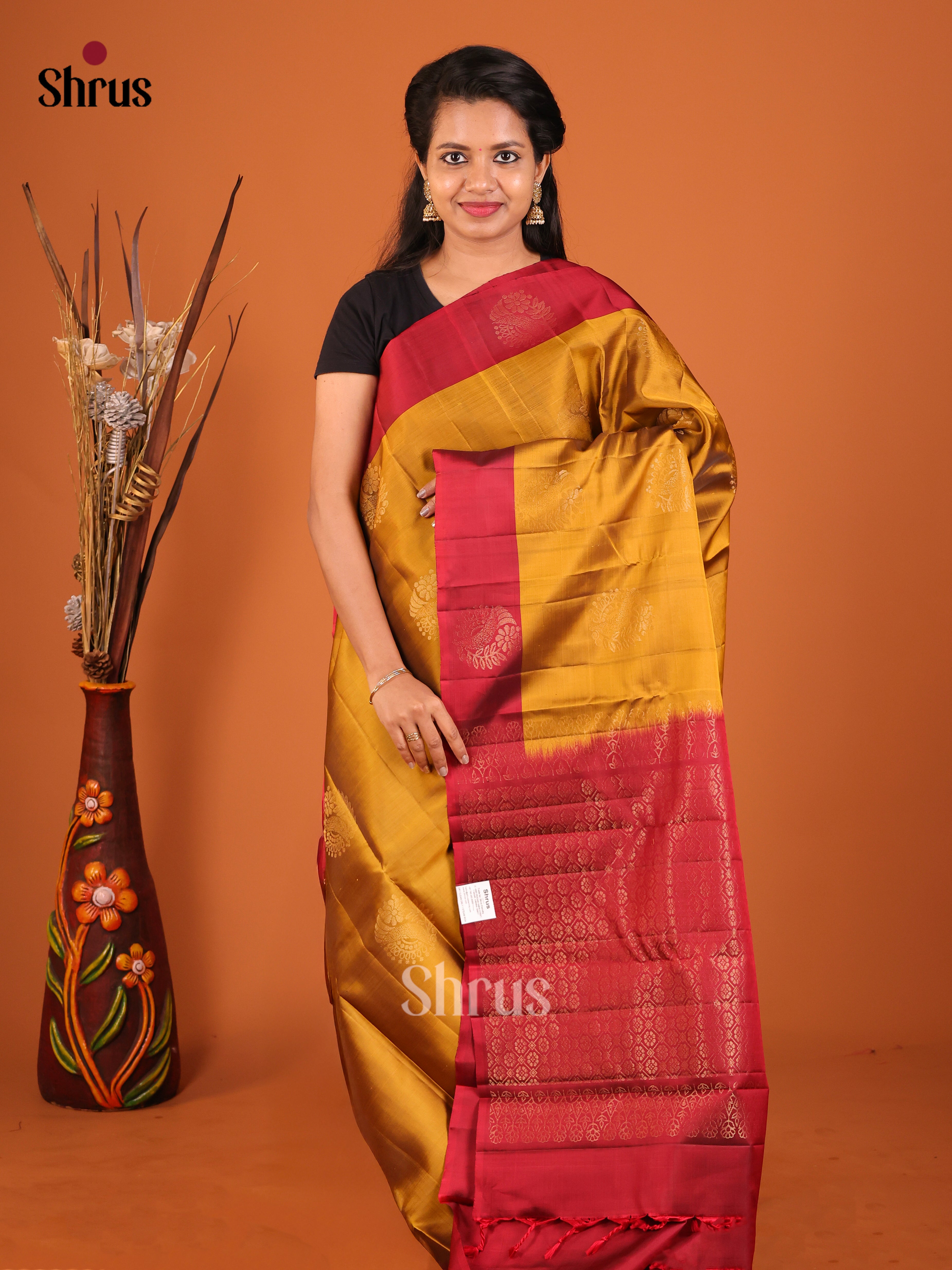 mustard red Softsilk-halfpure Saree