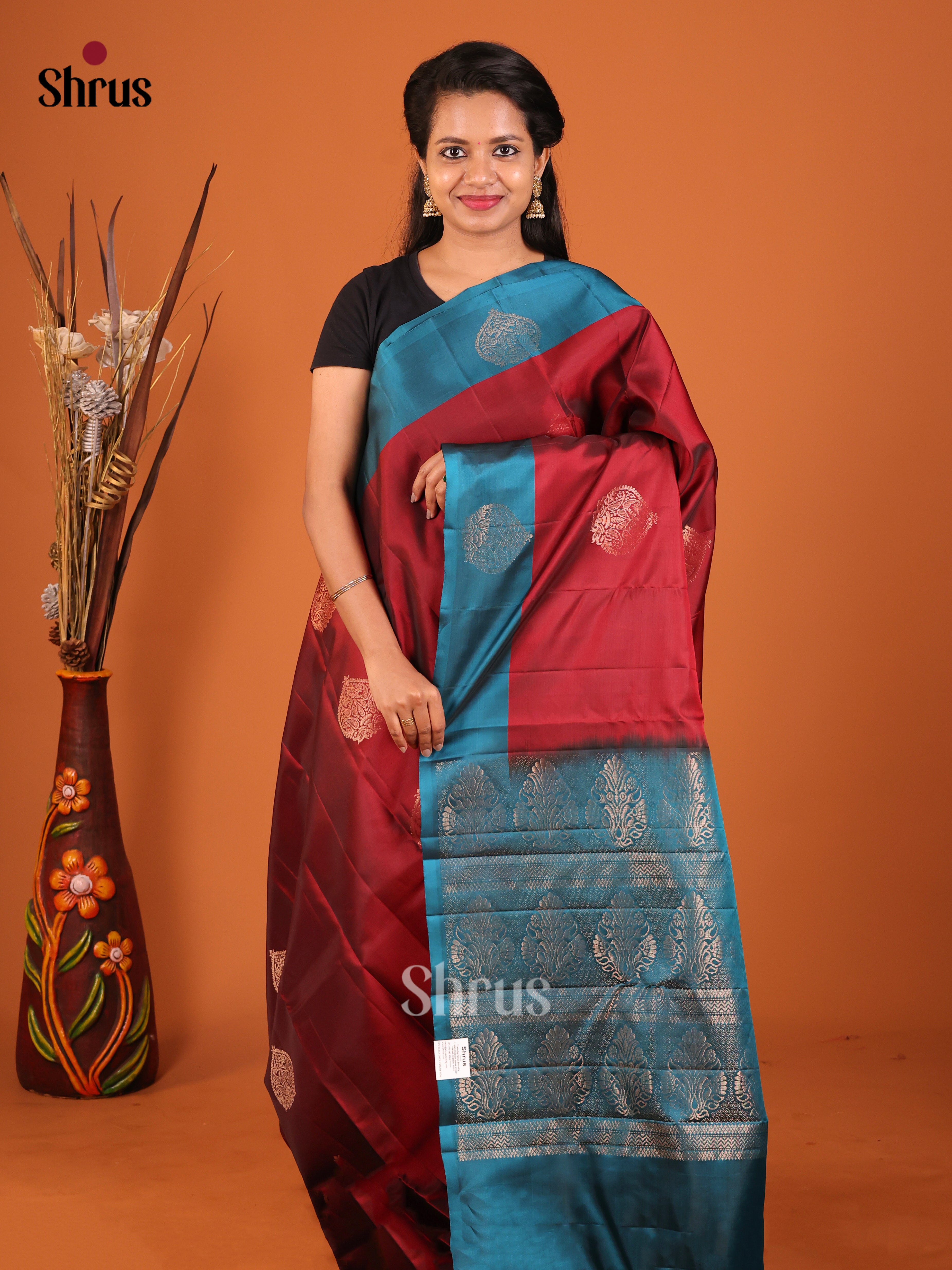 maroon and blue Softsilk halfpure Saree