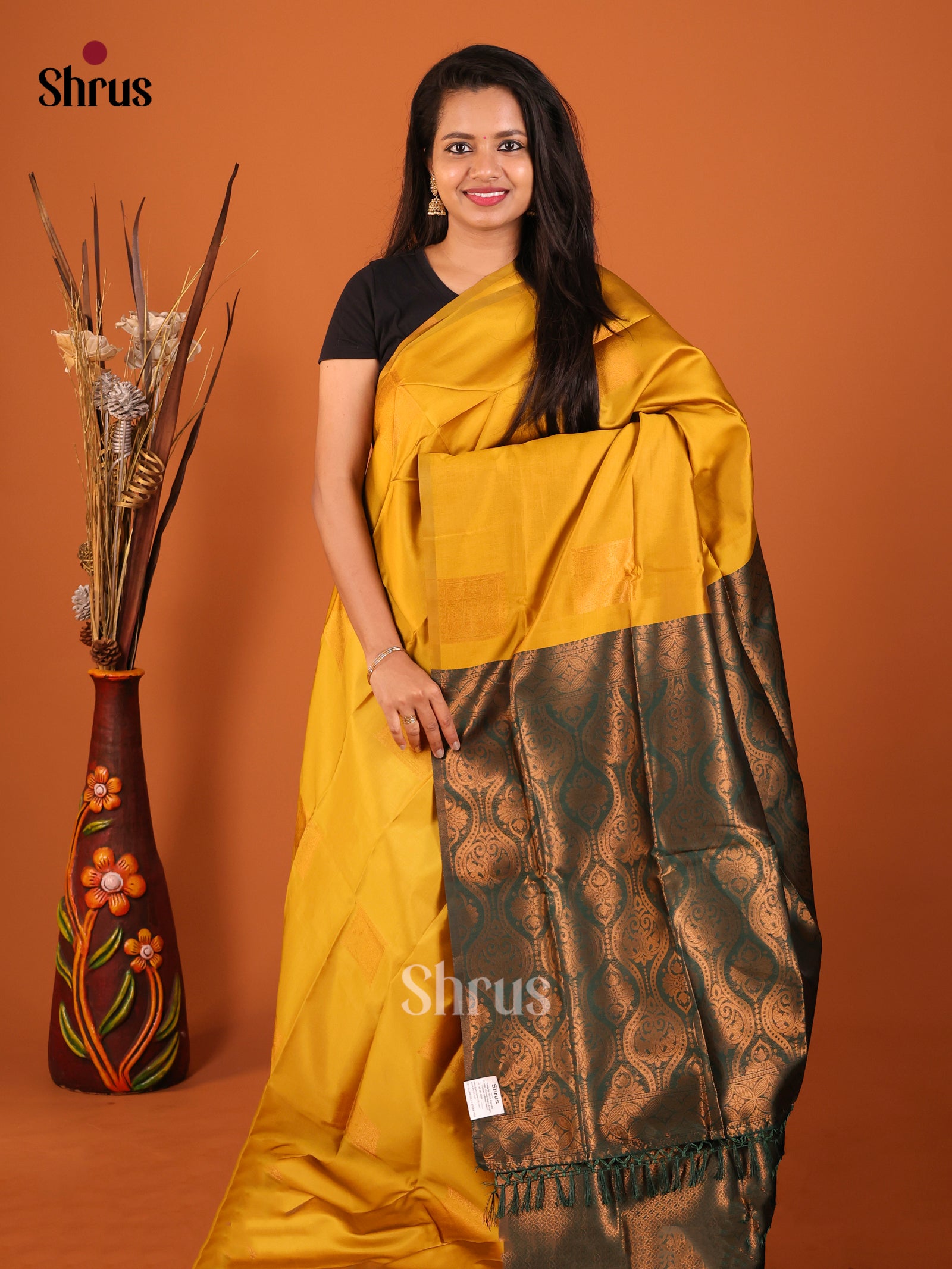Mustardy Green & Green - Semi Softsilk Saree - Shop on Shrus.com