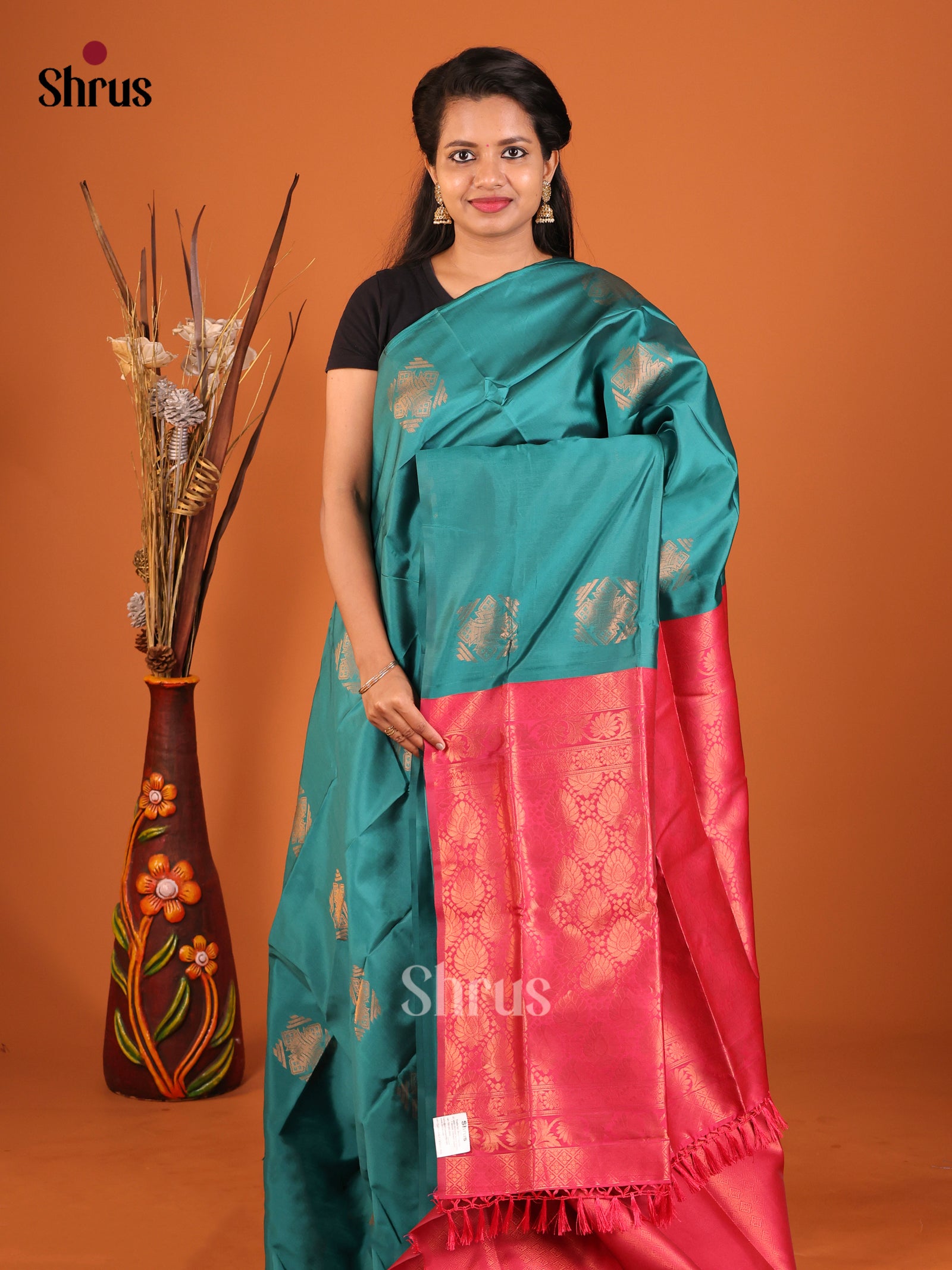 Green & Pink - Semi Softsilk Saree - Shop on Shrus.com