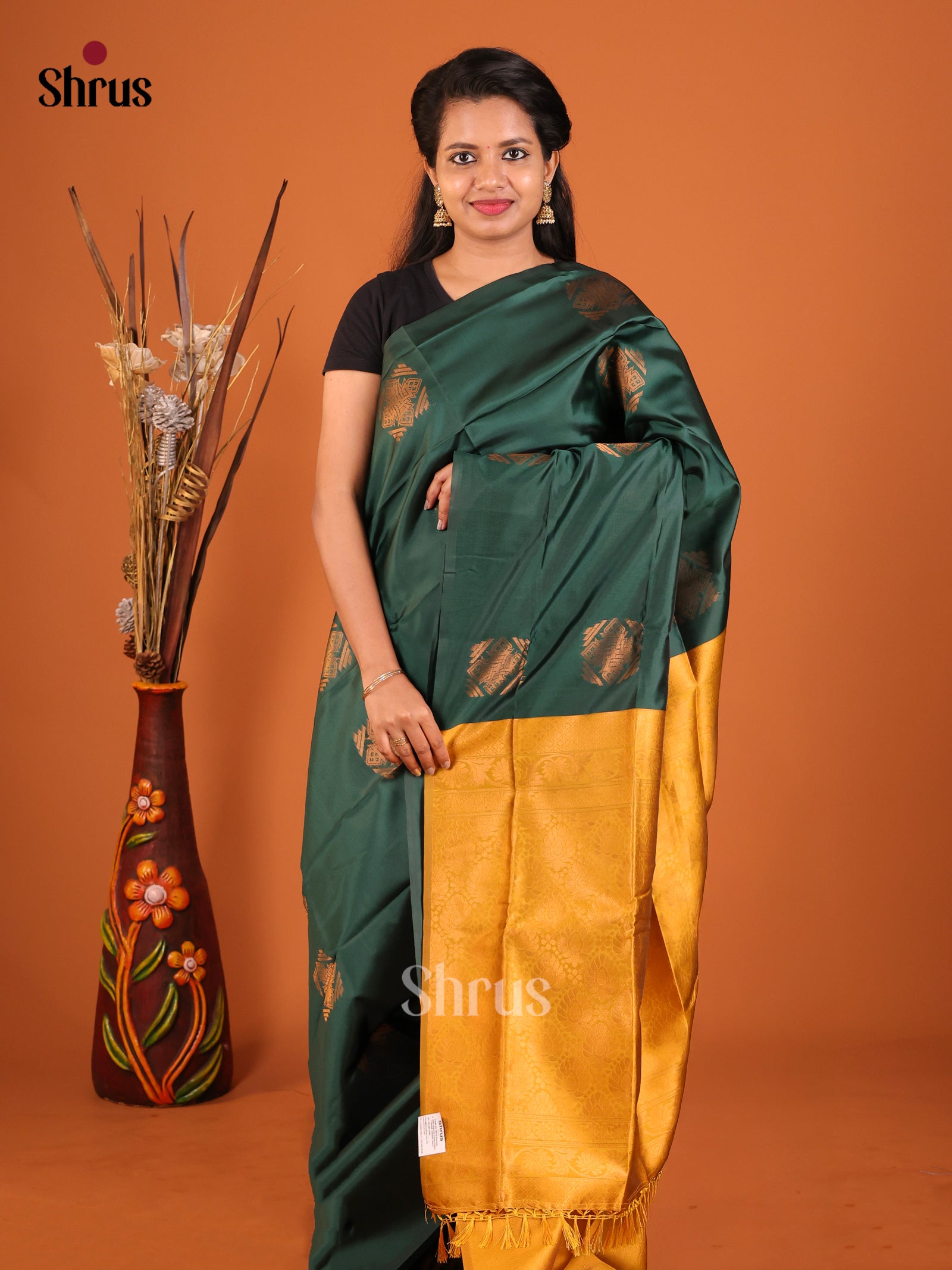 Green & Mustard - Semi Softsilk Saree - Shop on Shrus.com